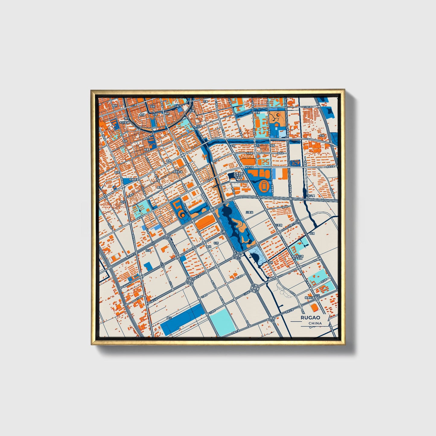 Rugao China Colorful City Map Canvas Print • Gold Framed
