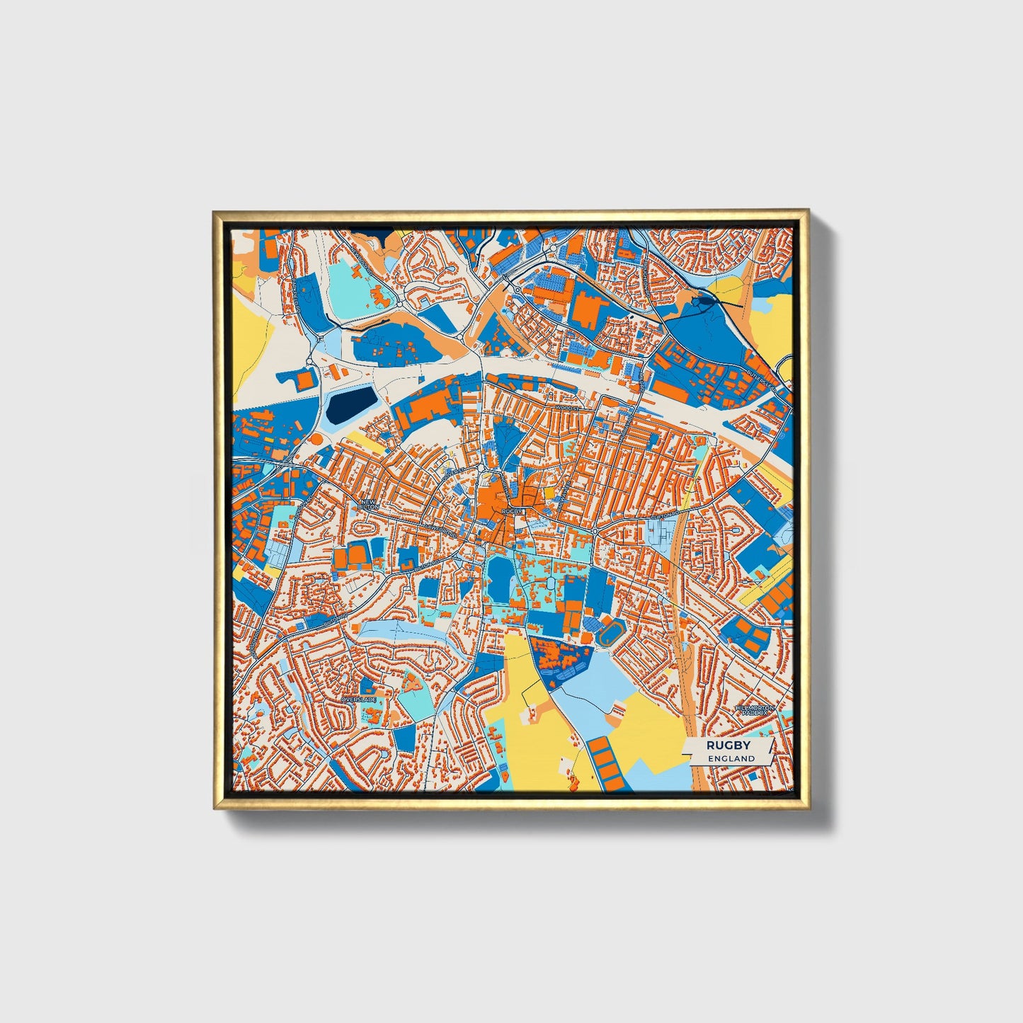 Rugby England Colorful City Map Canvas Print • Gold Framed