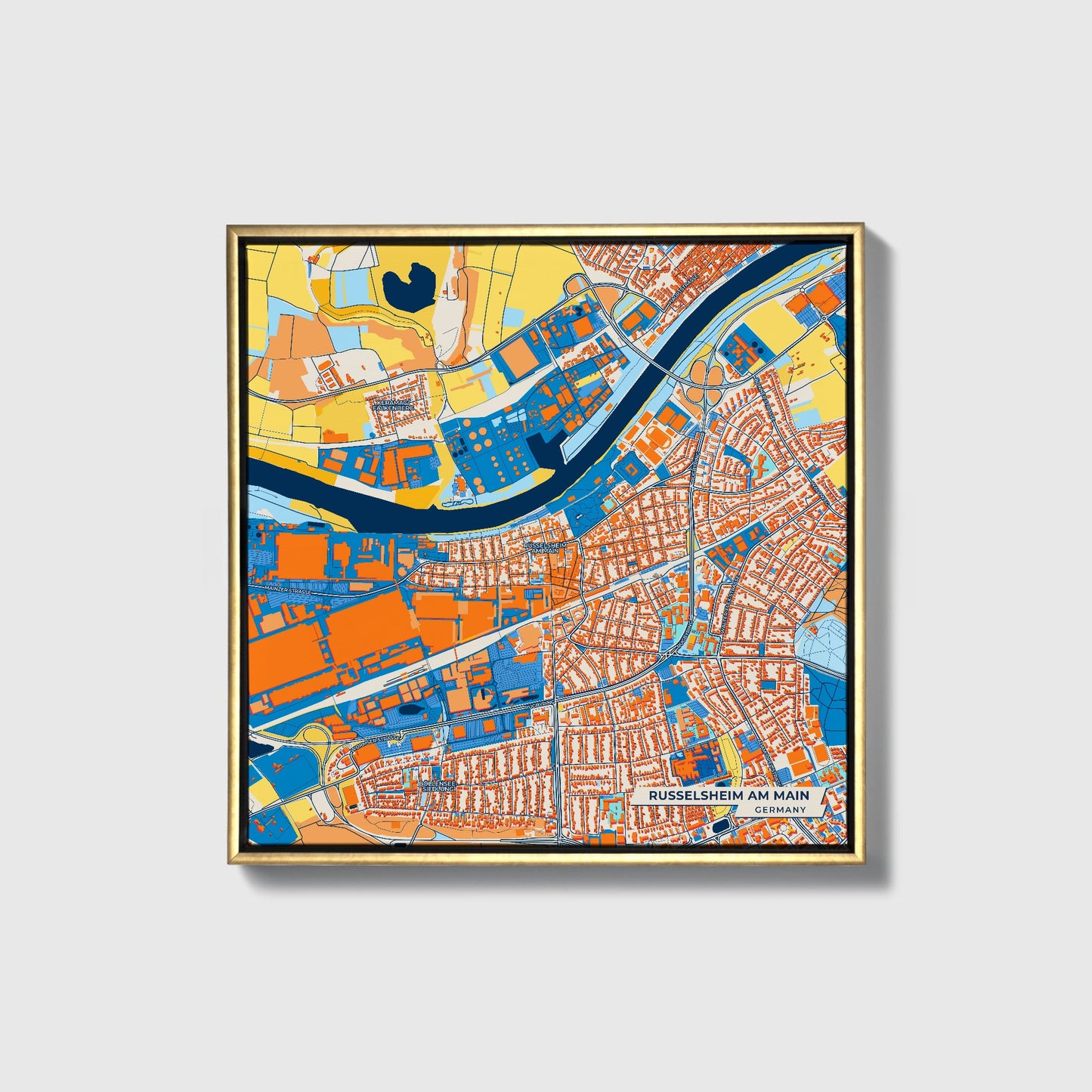 Rüsselsheim Am Main Germany Colorful City Map Canvas Print • Gold Framed
