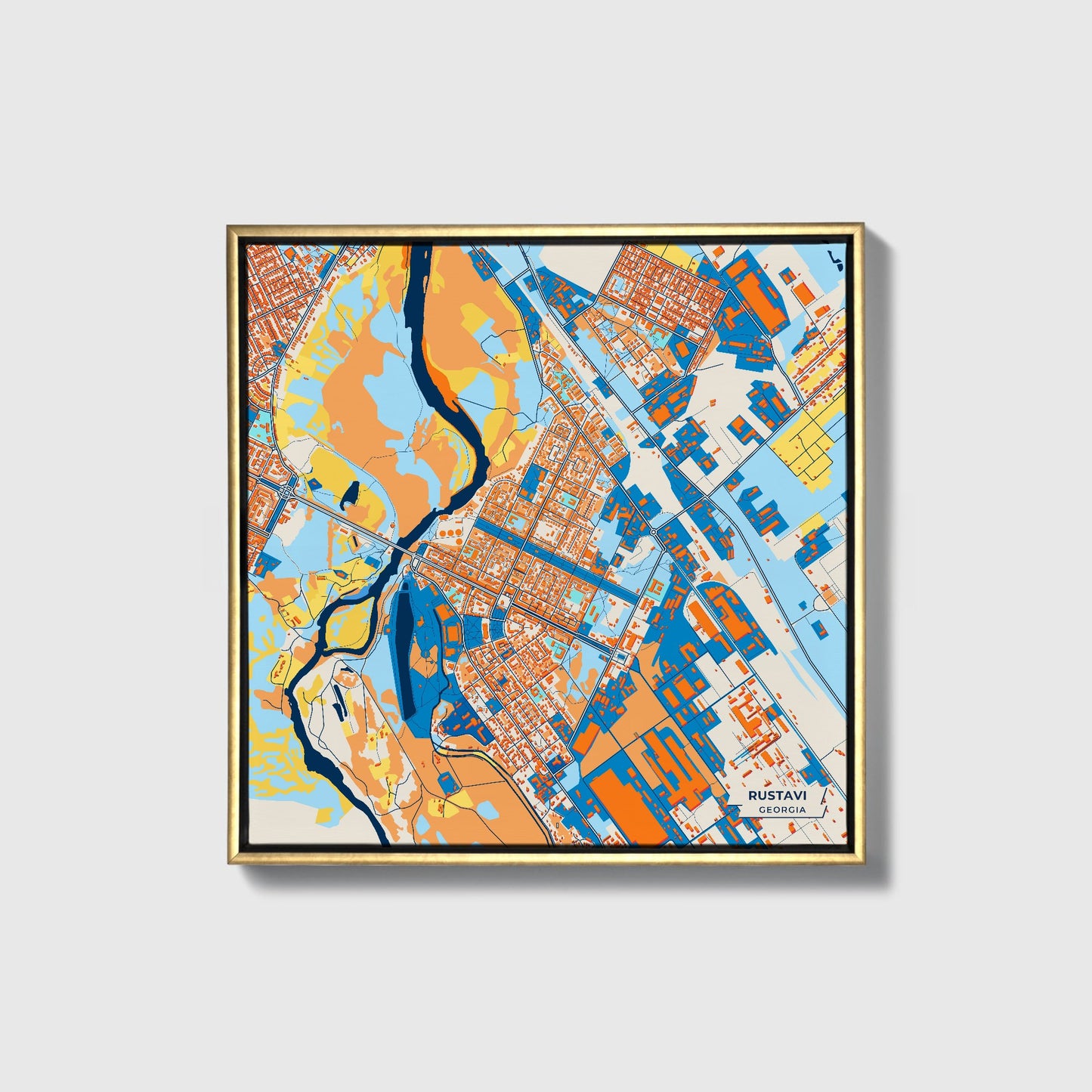 Rustavi Georgia Colorful City Map Canvas Print • Gold Framed