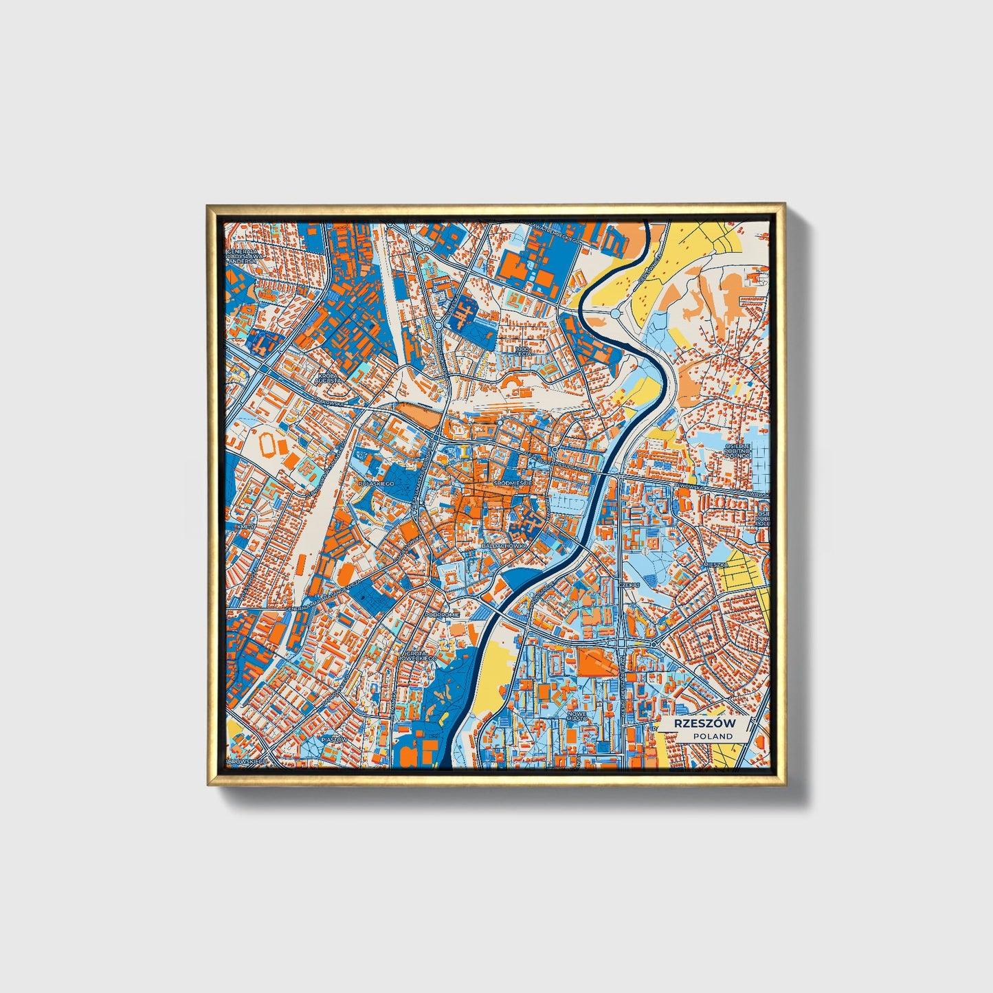 Rzeszów Poland Colorful City Map Canvas Print • Gold Framed