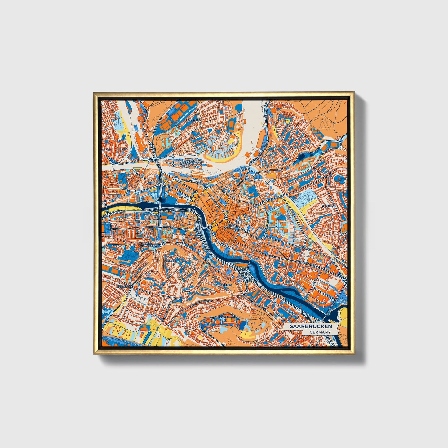 Saarbrücken Germany Colorful City Map Canvas Print • Gold Framed