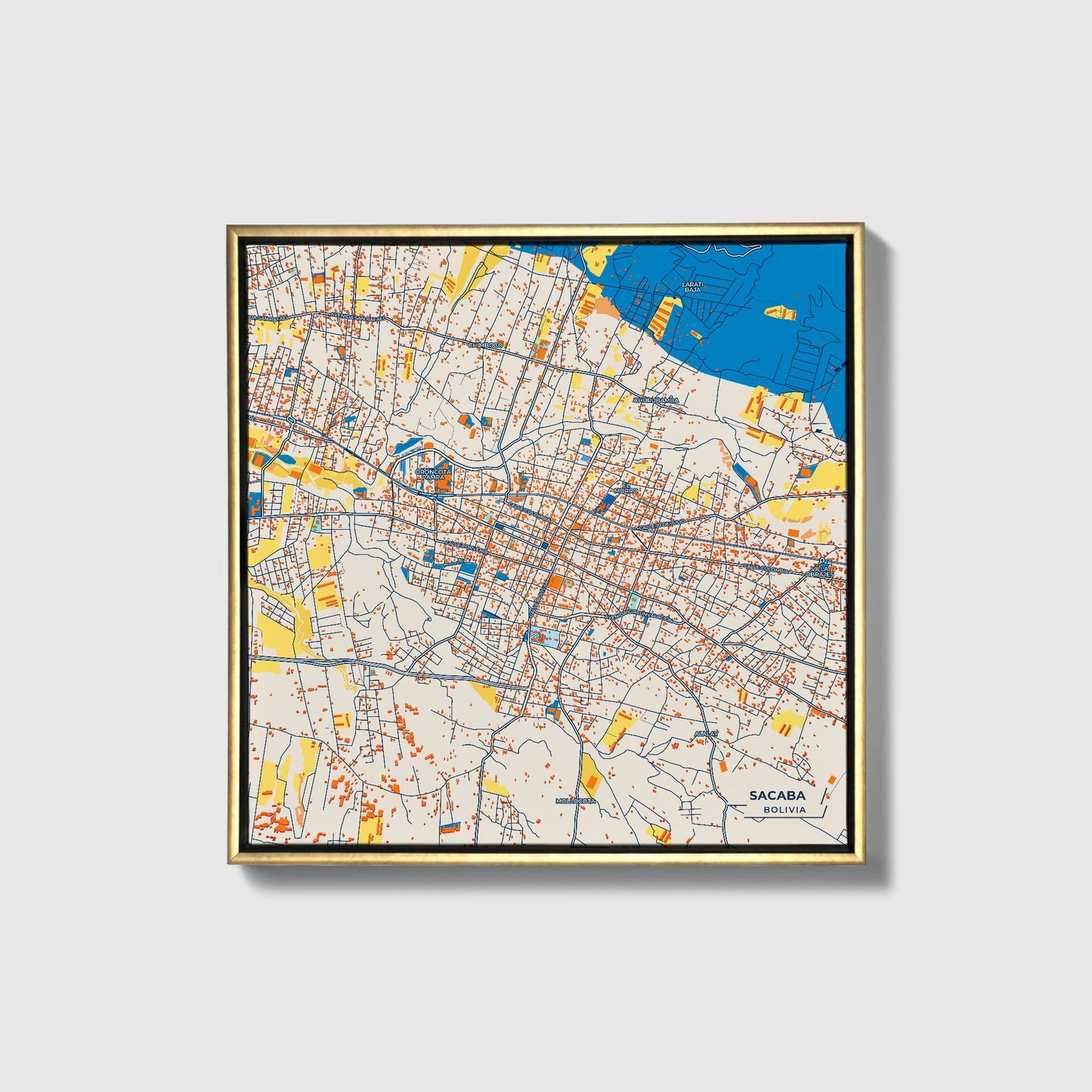 Sacaba Bolivia Colorful City Map Canvas Print • Gold Framed