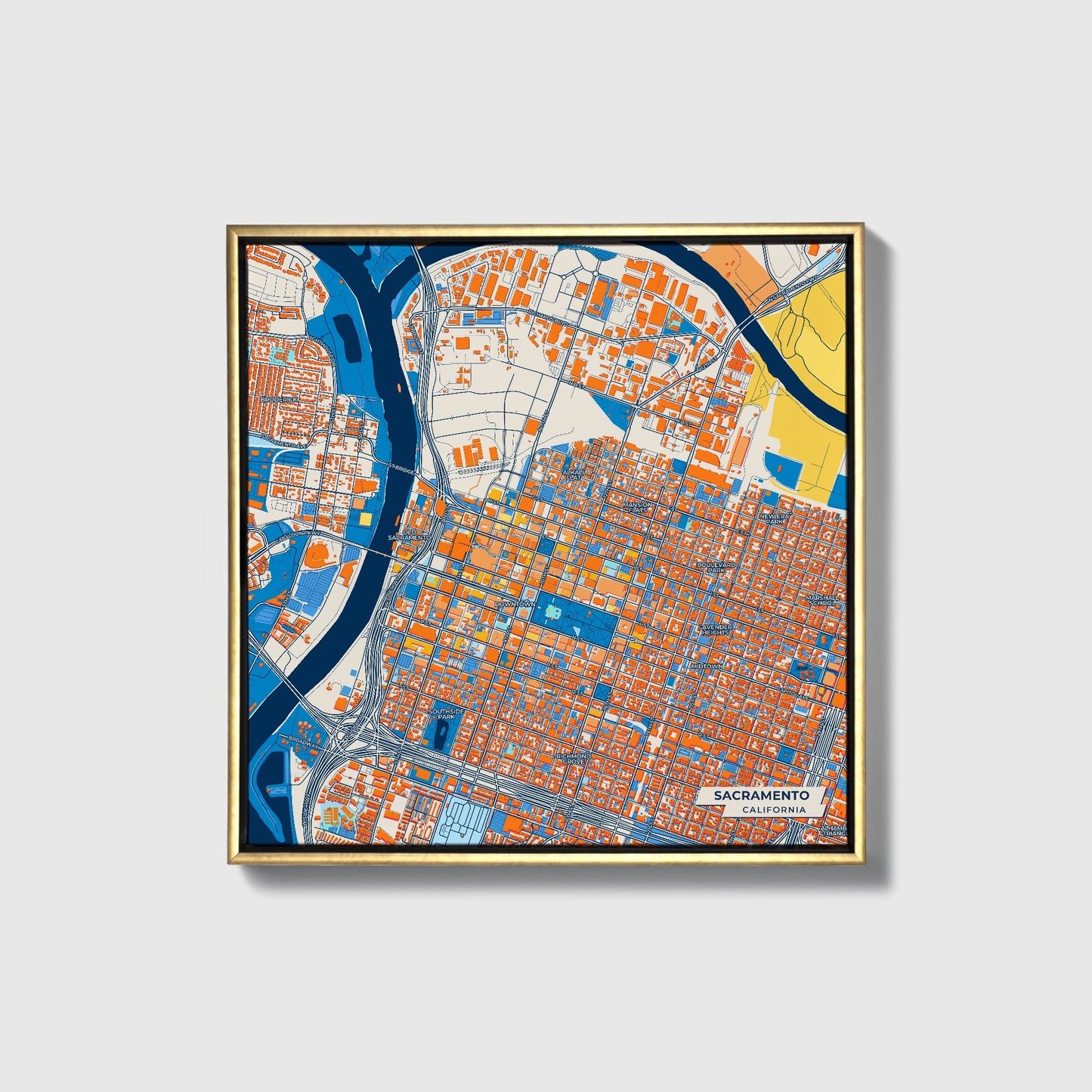Sacramento California Colorful City Map Canvas Print • Gold Framed