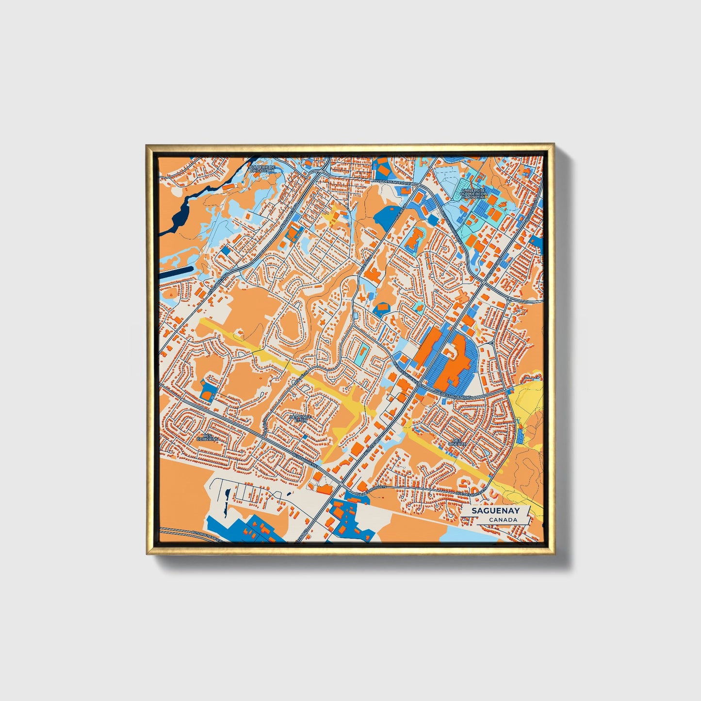 Saguenay Canada Colorful City Map Canvas Print • Gold Framed