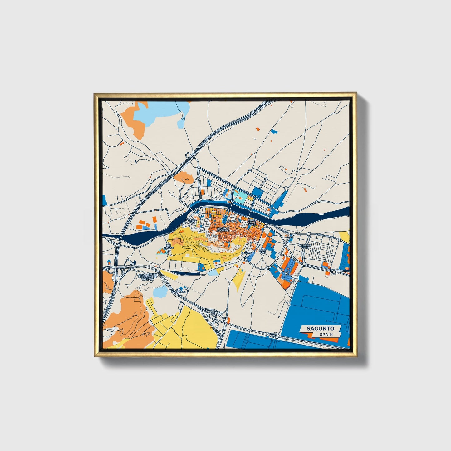 Sagunto Spain Colorful City Map Canvas Print • Gold Framed