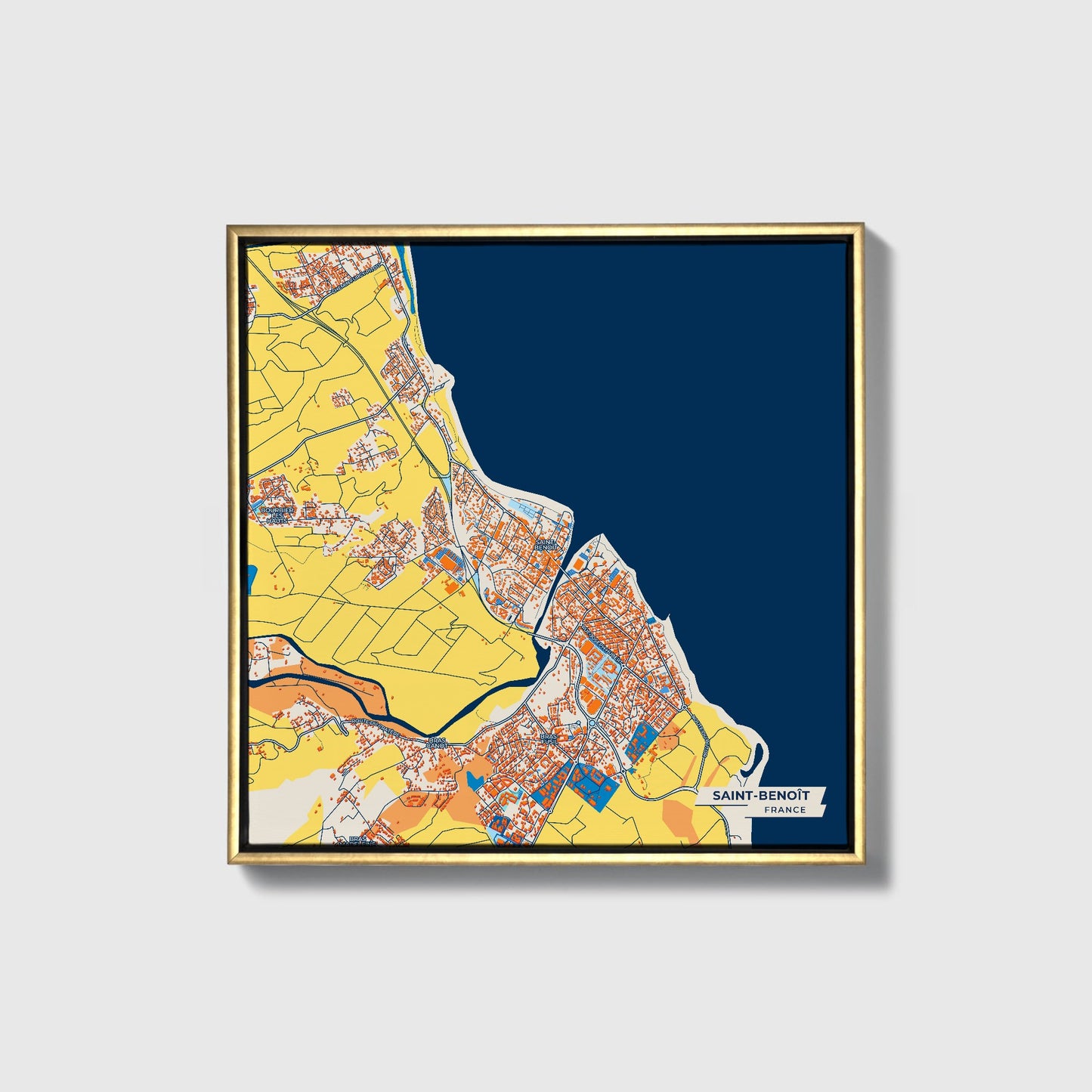 Saint-Benoît France Colorful City Map Canvas Print • Gold Framed