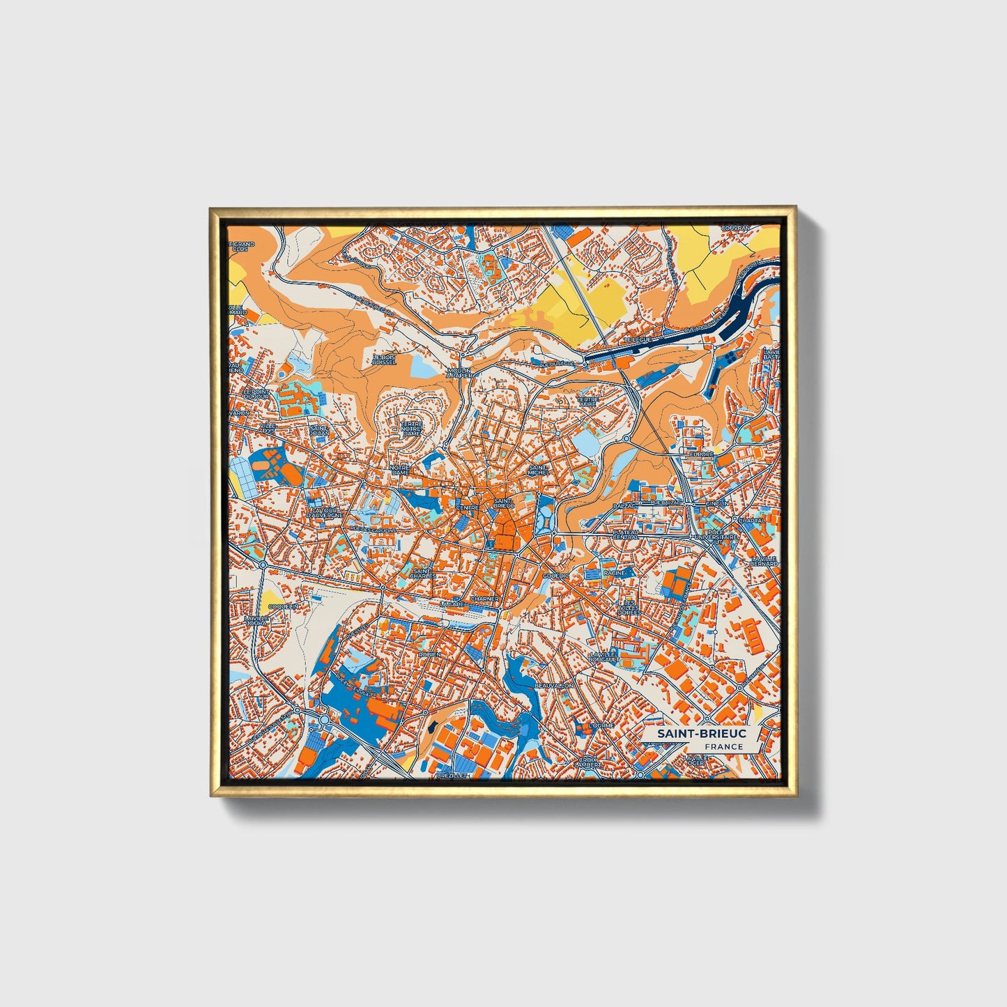 Saint-Brieuc France Colorful City Map Canvas Print • Gold Framed
