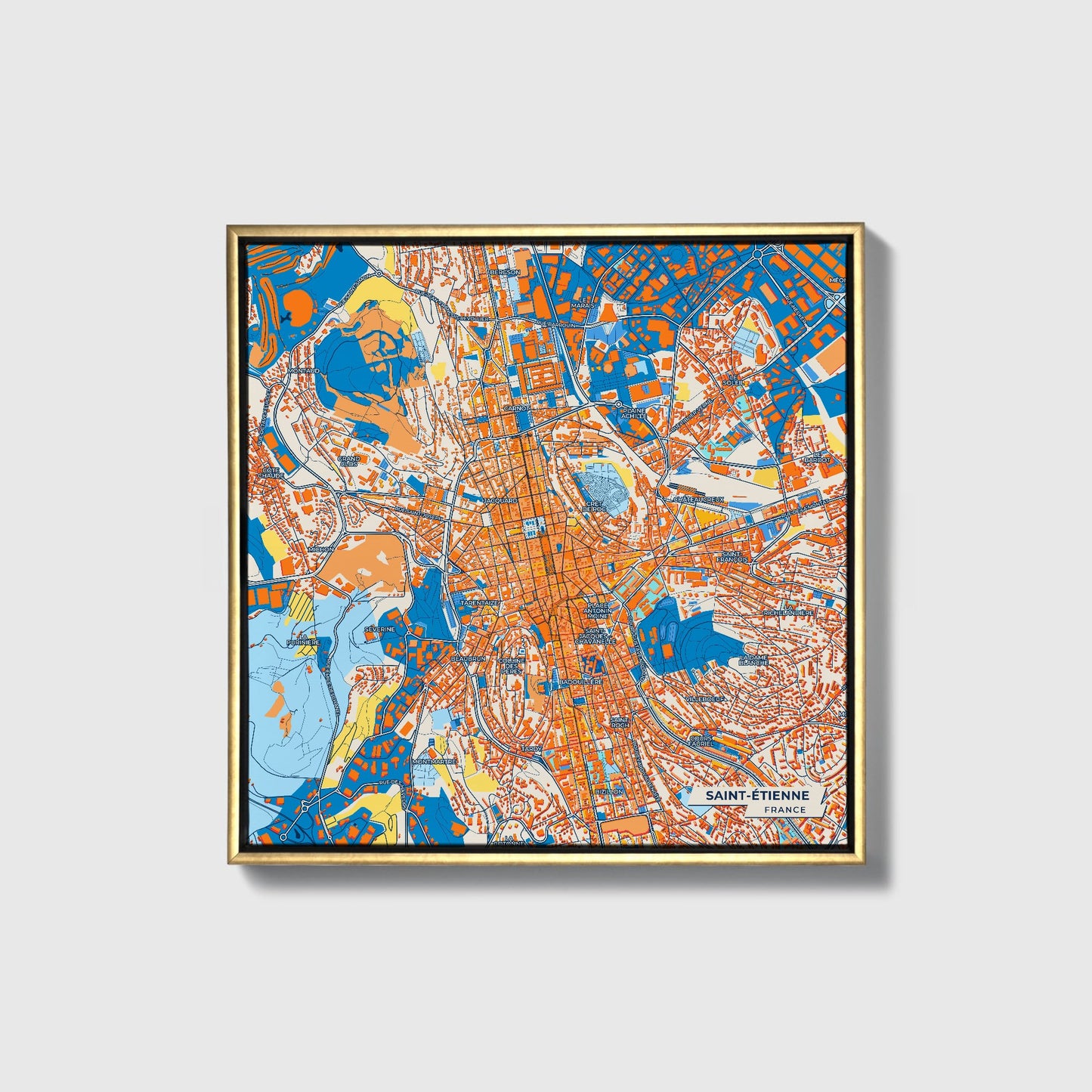Saint-Étienne France Colorful City Map Canvas Print • Gold Framed