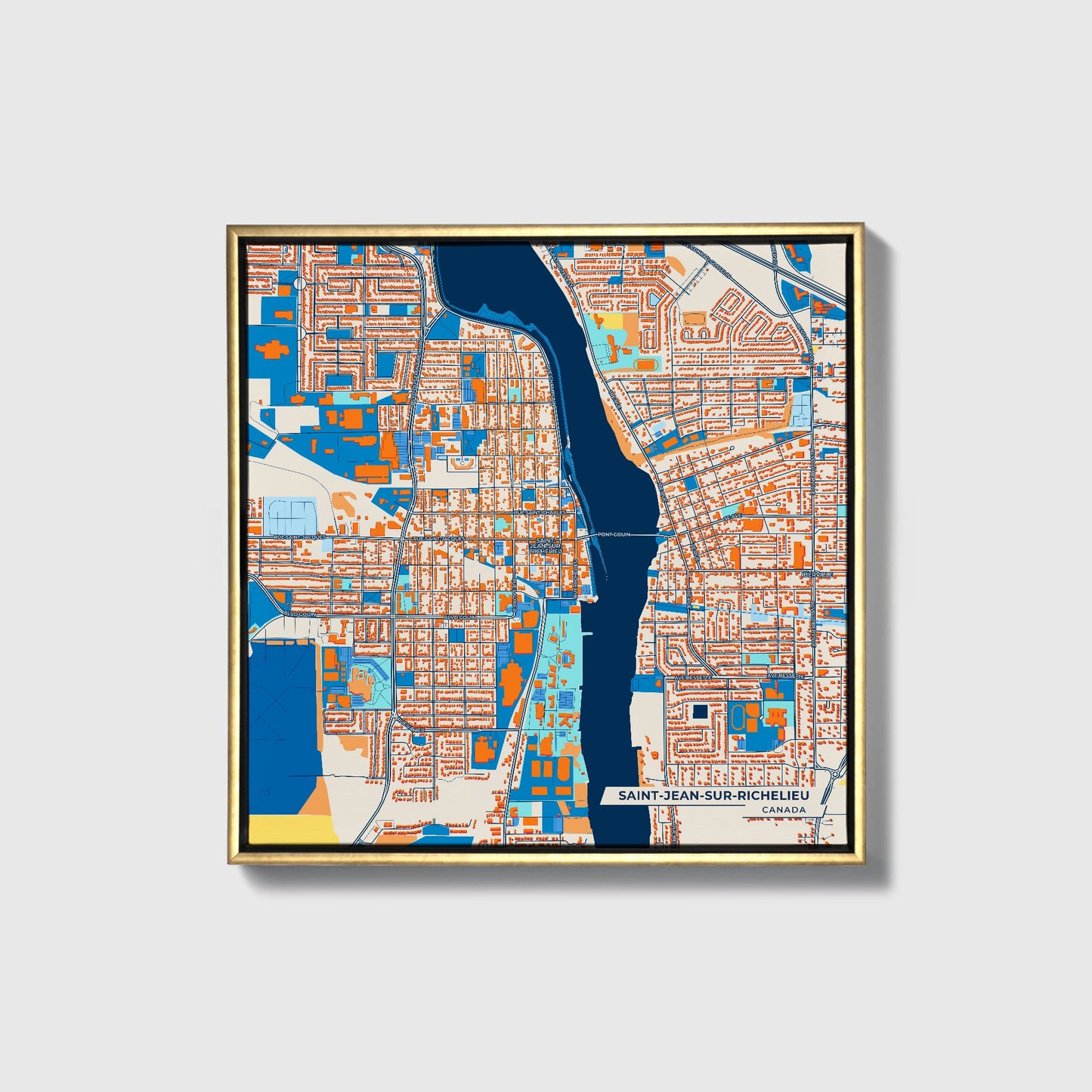 Saint-Jean-Sur-Richelieu Canada Colorful City Map Canvas Print • Gold Framed