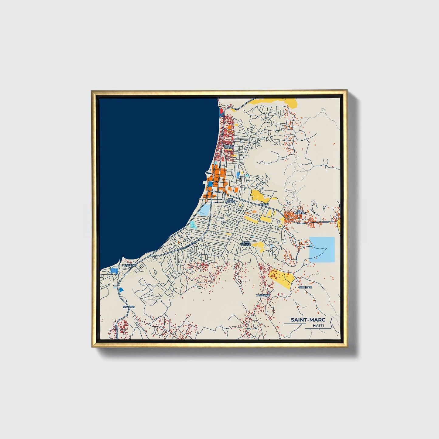 Saint-Marc Haiti Colorful City Map Canvas Print • Gold Framed
