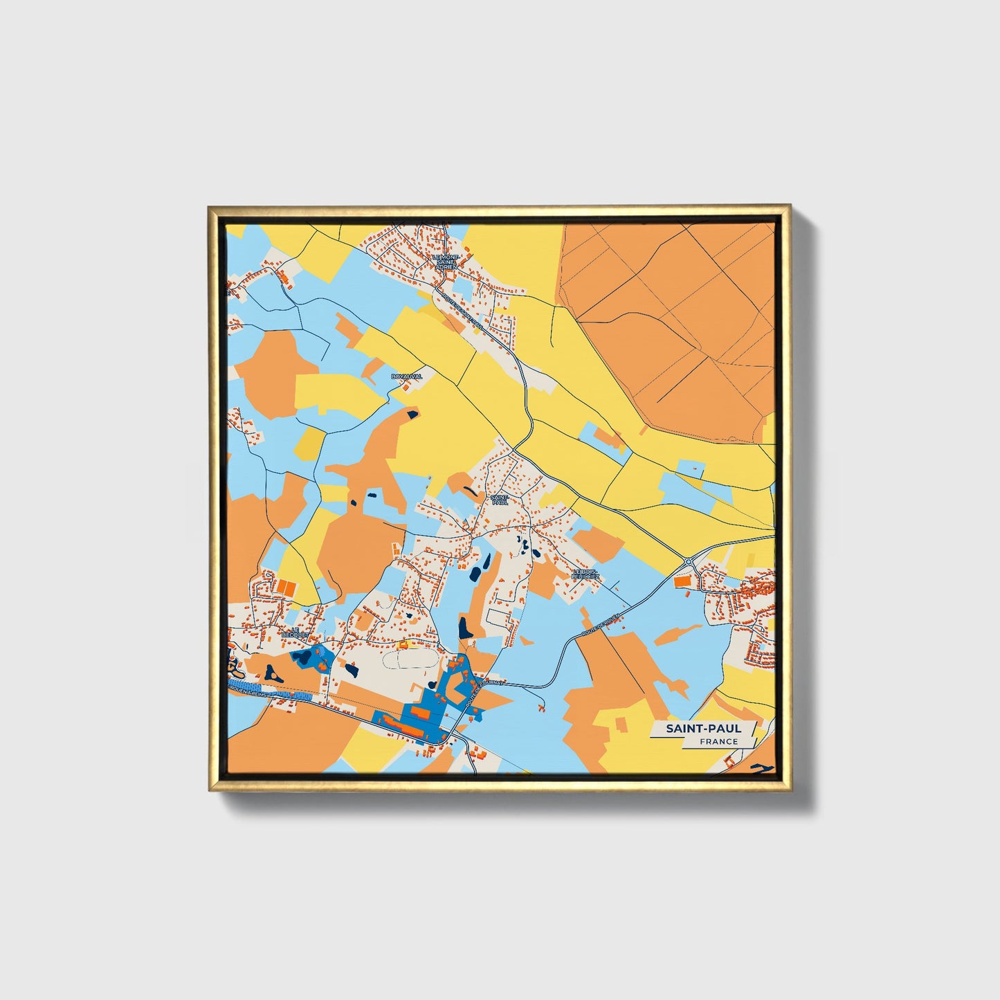 Saint-Paul France Colorful City Map Canvas Print • Gold Framed