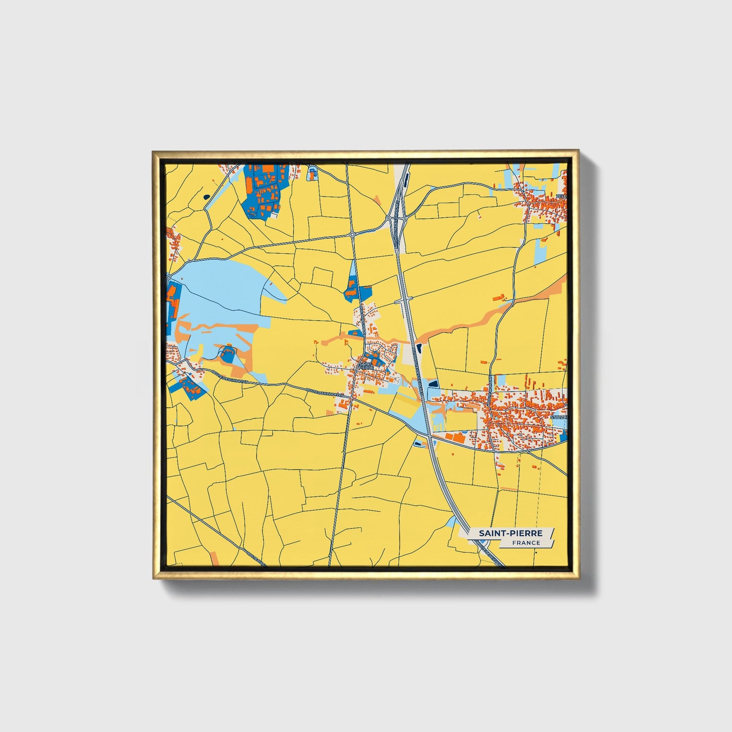Saint-Pierre France Colorful City Map Canvas Print • Gold Framed