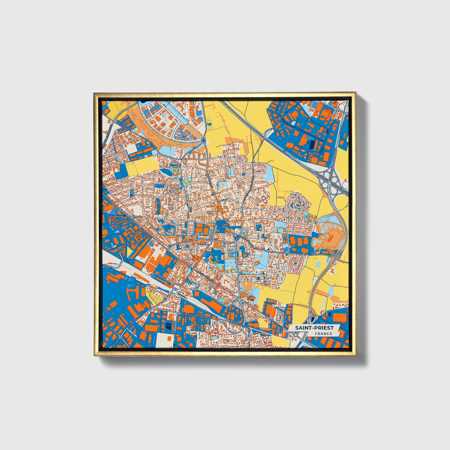 Saint-Priest France Colorful City Map Canvas Print • Gold Framed