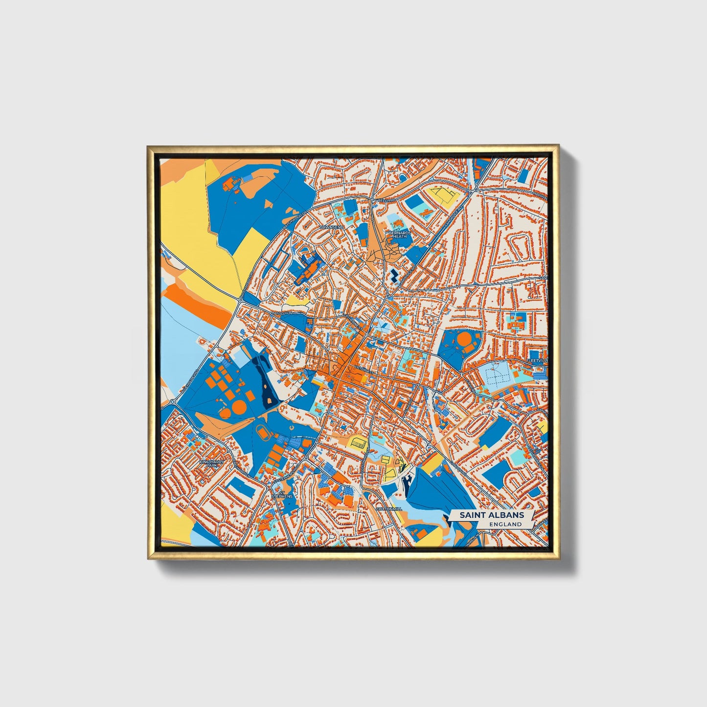 Saint Albans England Colorful City Map Canvas Print • Gold Framed