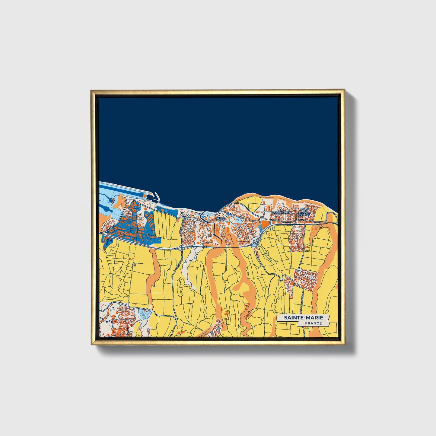 Sainte-Marie France Colorful City Map Canvas Print • Gold Framed