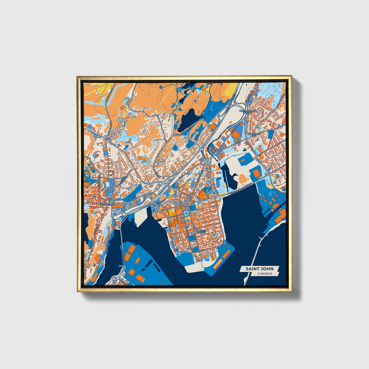 Saint John Canada Colorful City Map Canvas Print • Gold Framed