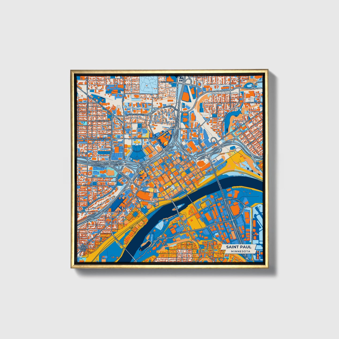 Saint Paul Minnesota Colorful City Map Canvas Print • Gold Framed