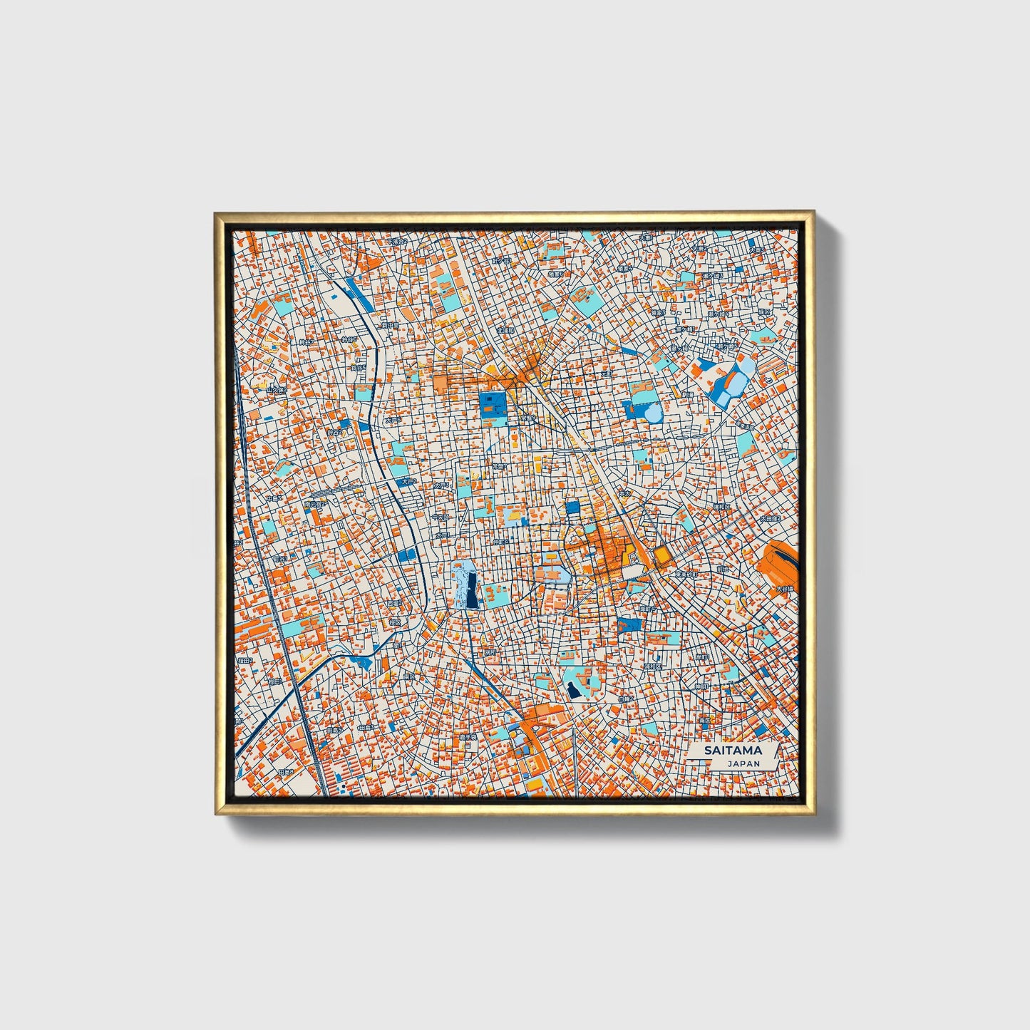 Saitama Japan Colorful City Map Canvas Print • Gold Framed