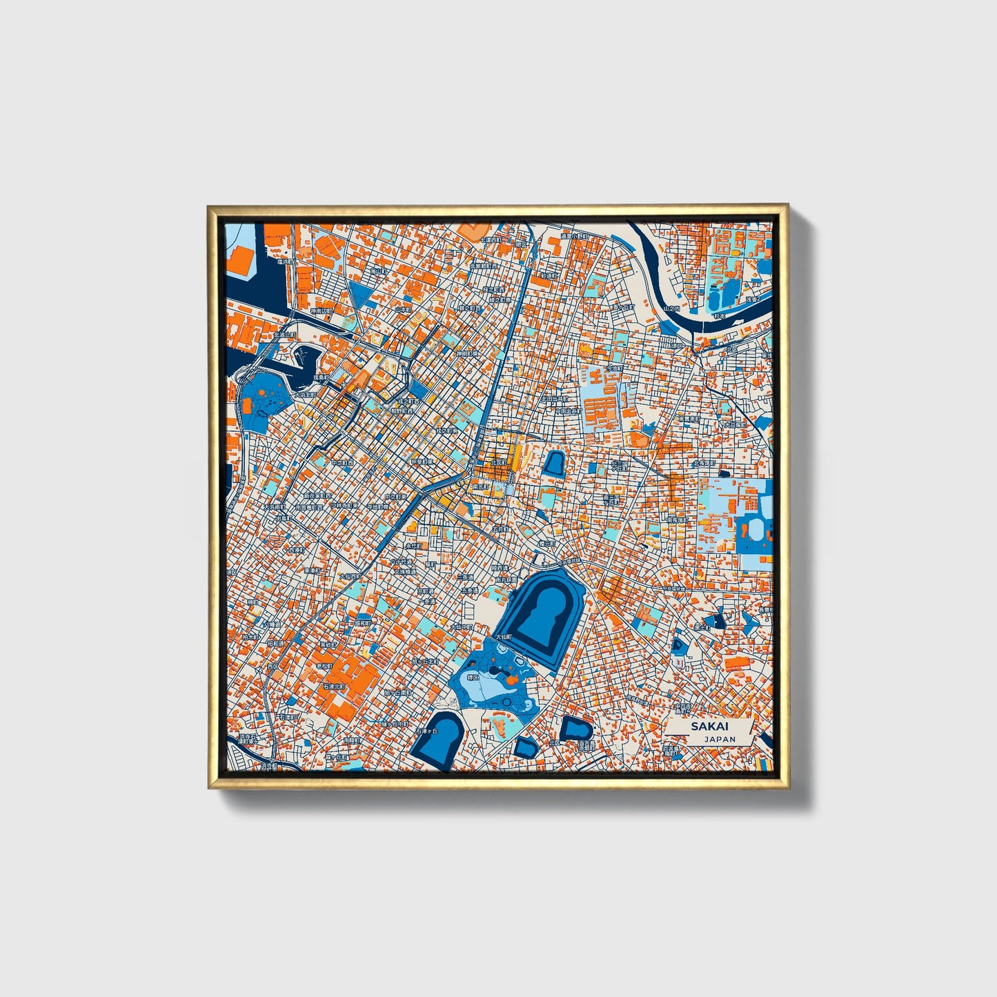 Sakai Japan Colorful City Map Canvas Print • Gold Framed