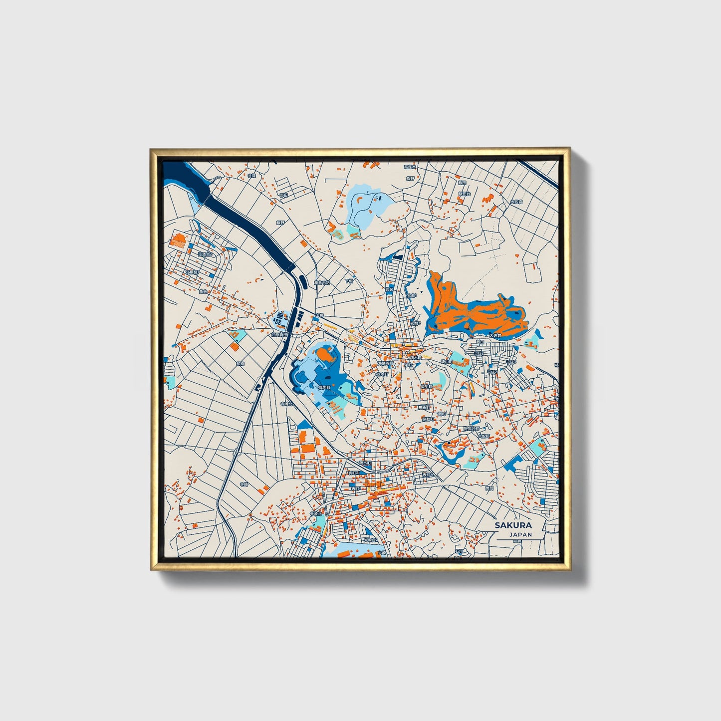 Sakura Japan Colorful City Map Canvas Print • Gold Framed