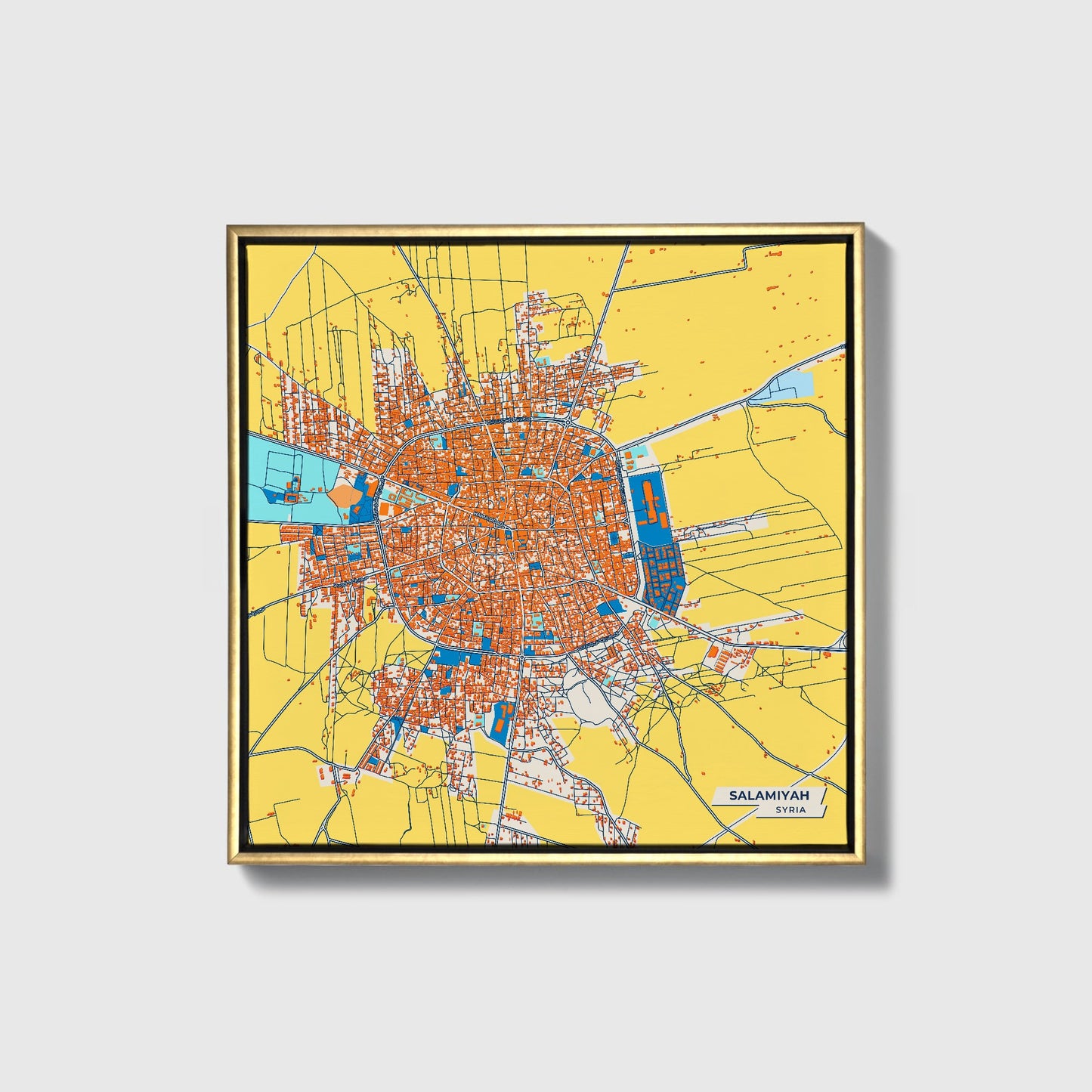 Salamiyah Syria Colorful City Map Canvas Print • Gold Framed