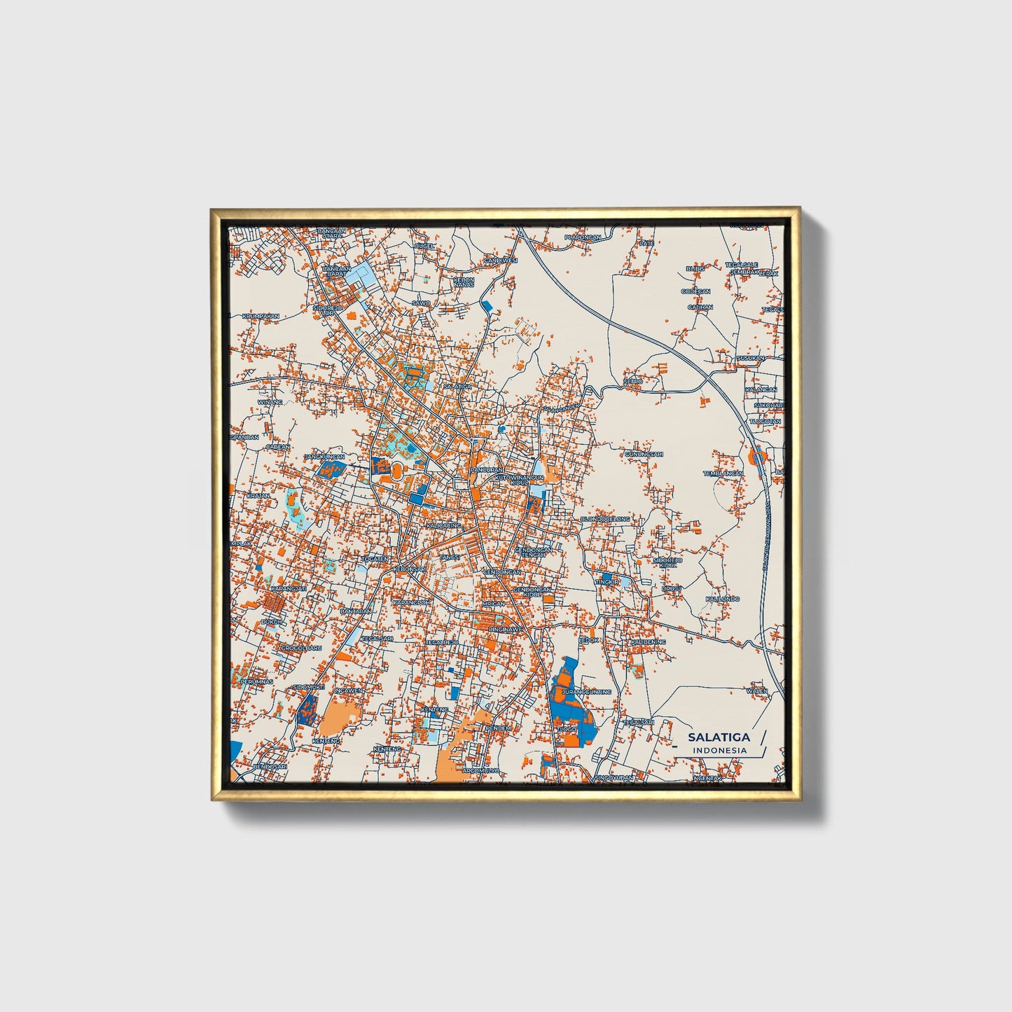 Salatiga Indonesia Colorful City Map Canvas Print • Gold Framed