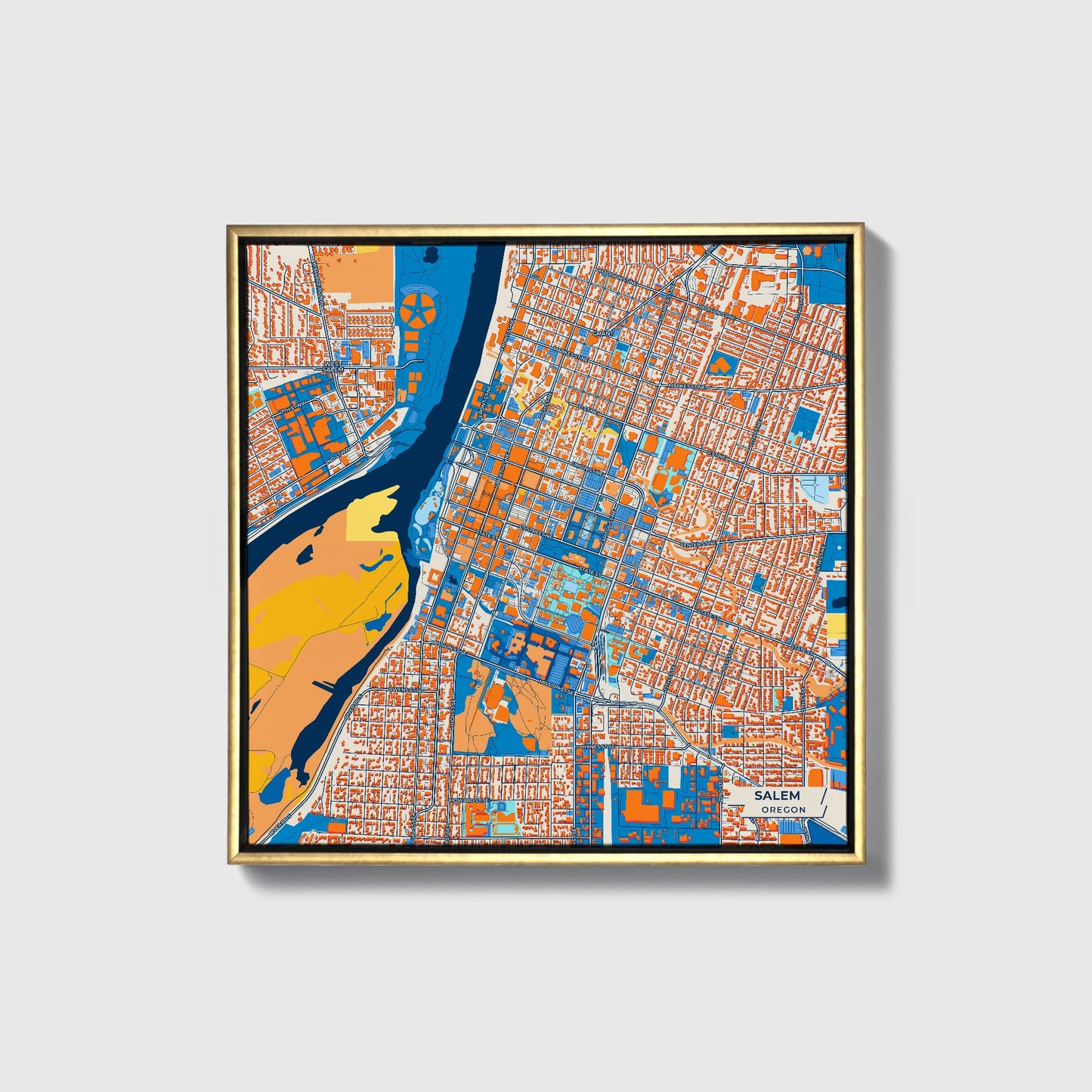 Salem Oregon Colorful City Map Canvas Print • Gold Framed