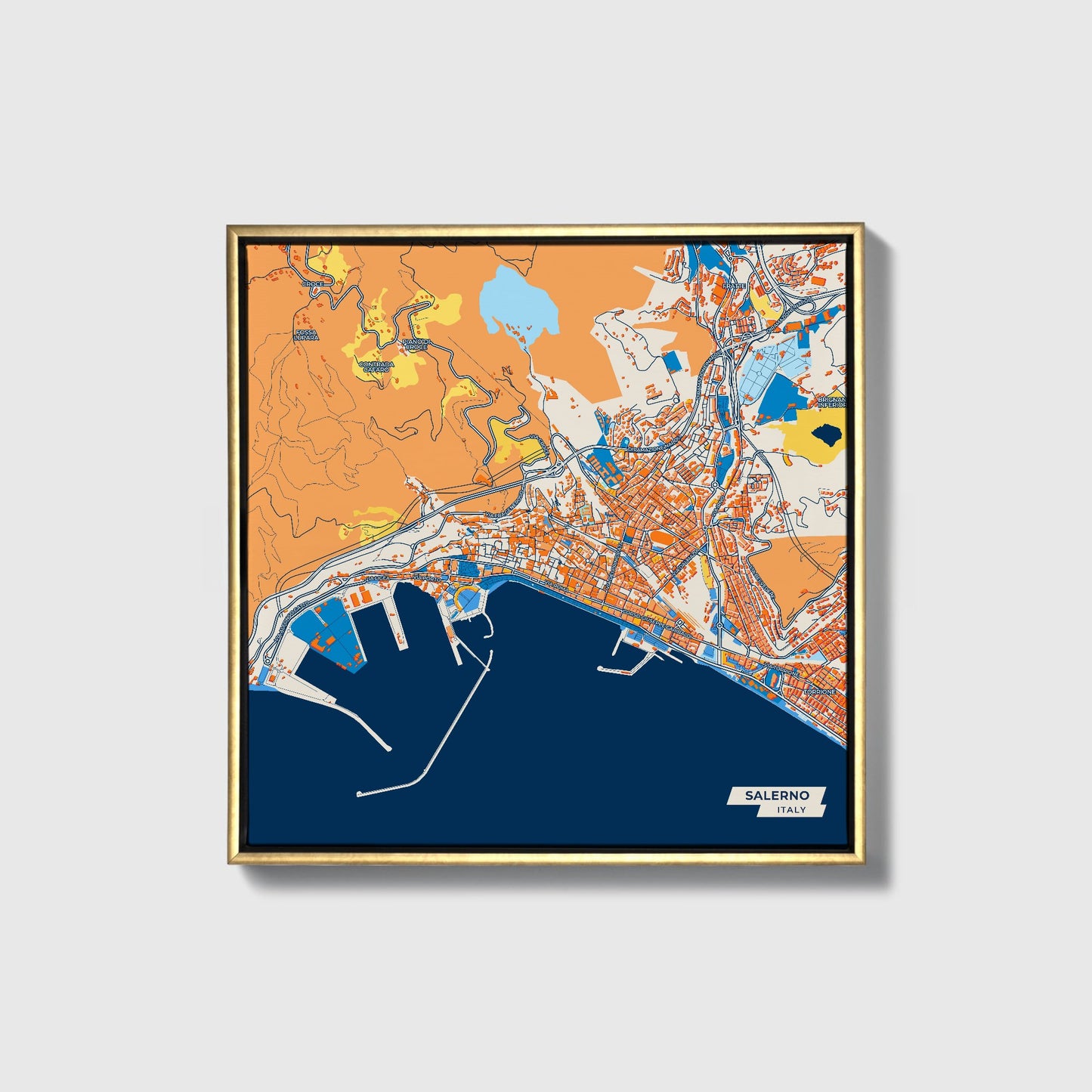 Salerno Italy Colorful City Map Canvas Print • Gold Framed