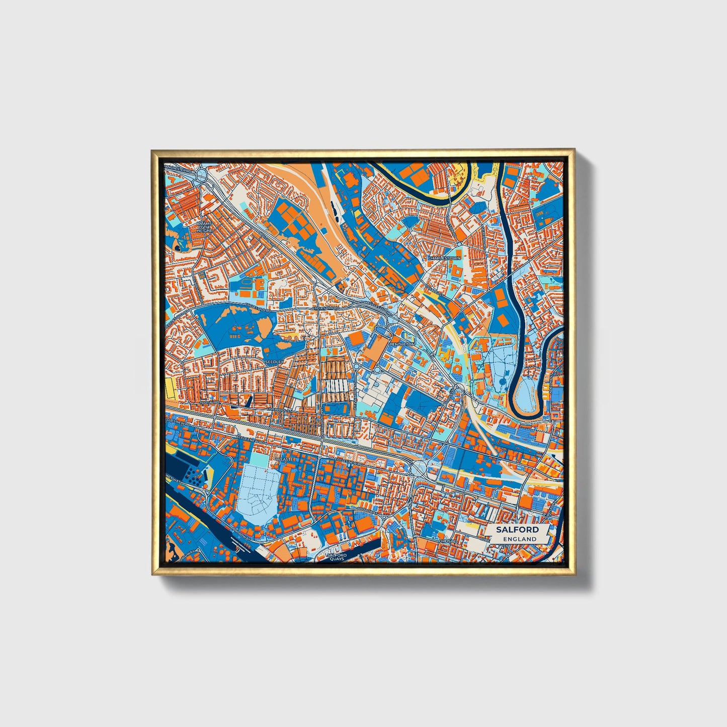 Salford England Colorful City Map Canvas Print • Gold Framed