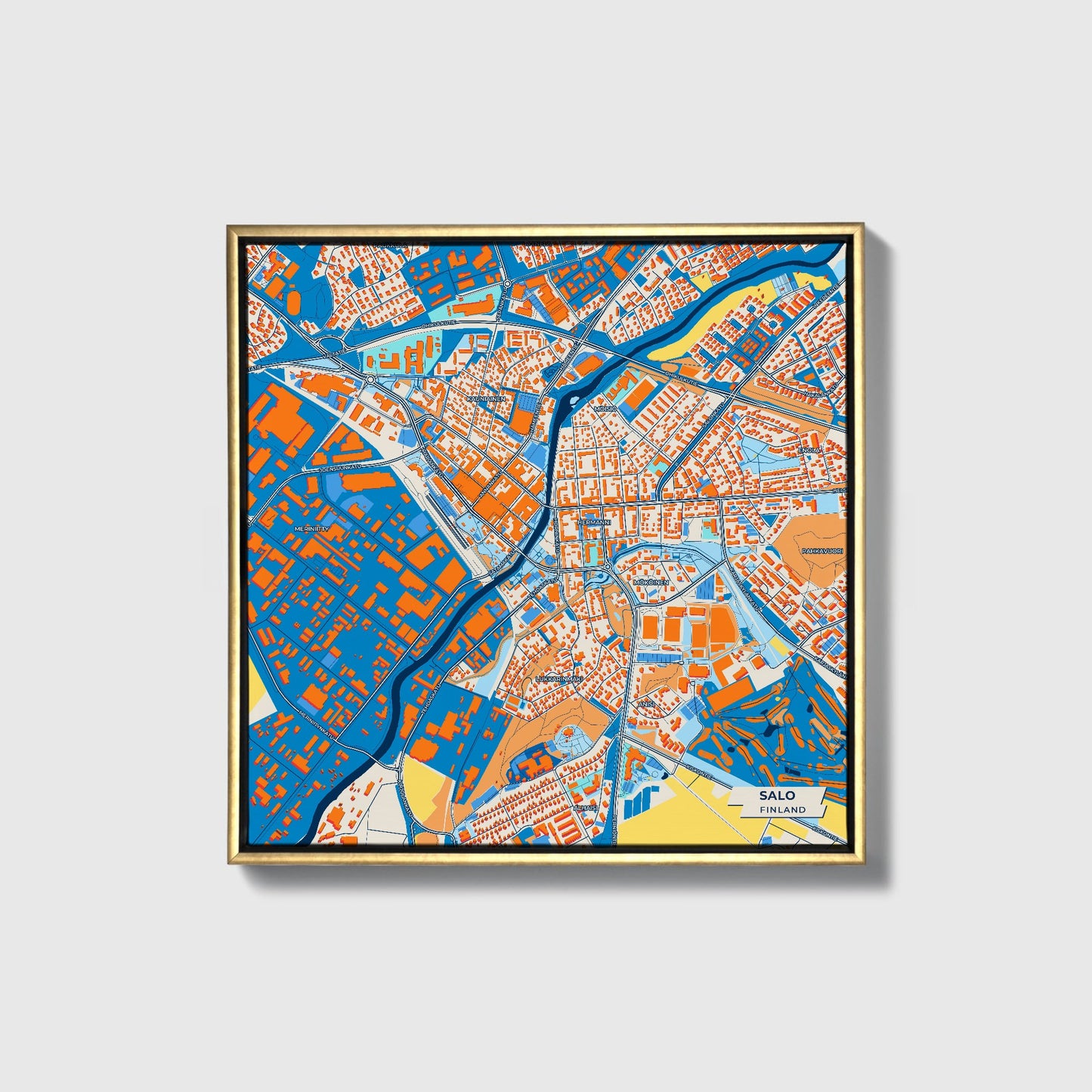 Salo Finland Colorful City Map Canvas Print • Gold Framed