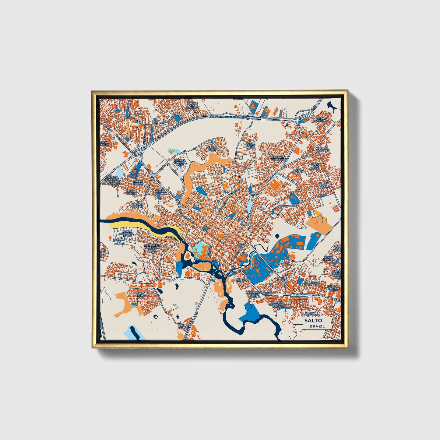 Salto Brazil Colorful City Map Canvas Print • Gold Framed