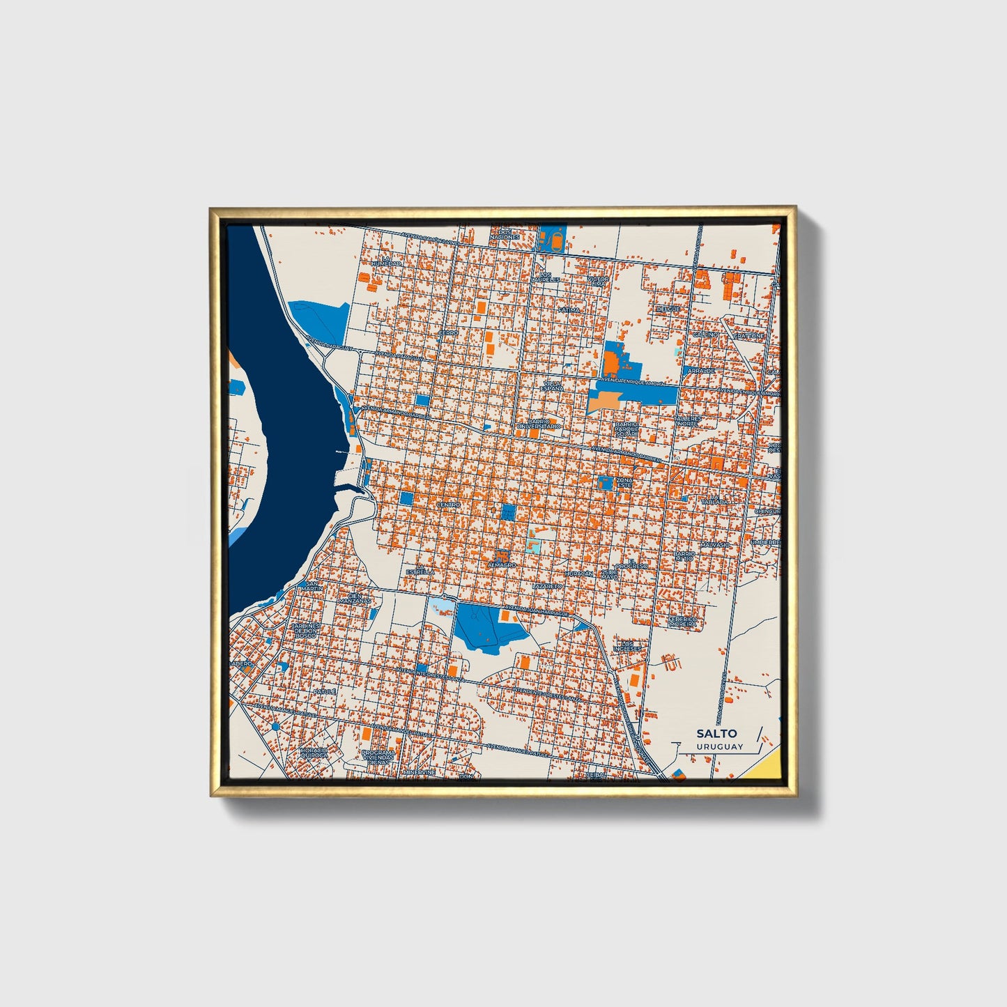 Salto Uruguay Colorful City Map Canvas Print • Gold Framed