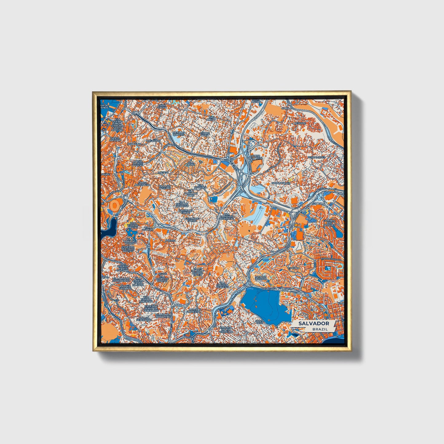 Salvador Brazil Colorful City Map Canvas Print • Gold Framed