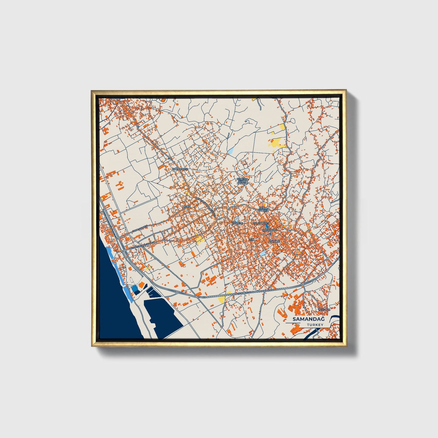 Samandağ Turkey Colorful City Map Canvas Print • Gold Framed