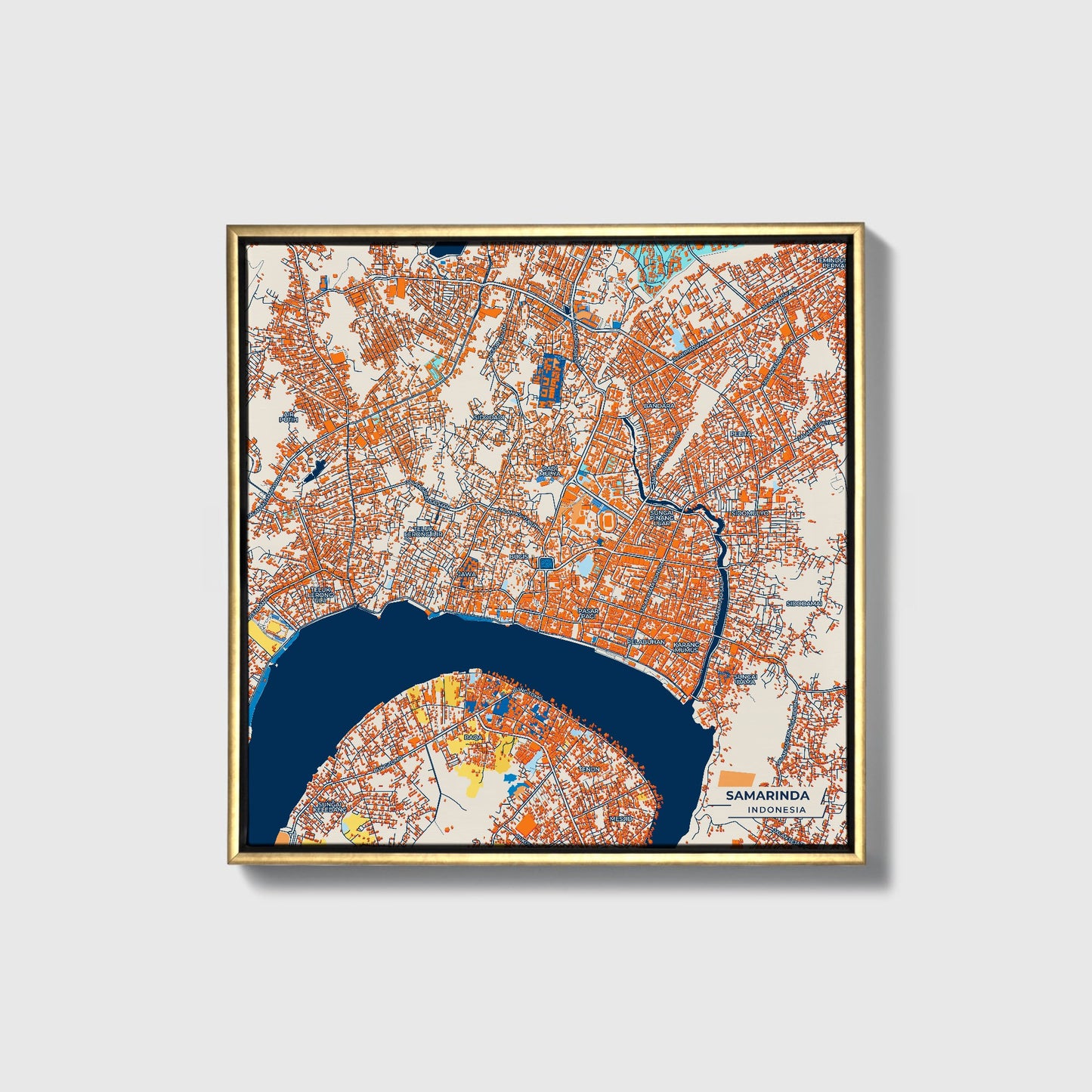Samarinda Indonesia Colorful City Map Canvas Print • Gold Framed
