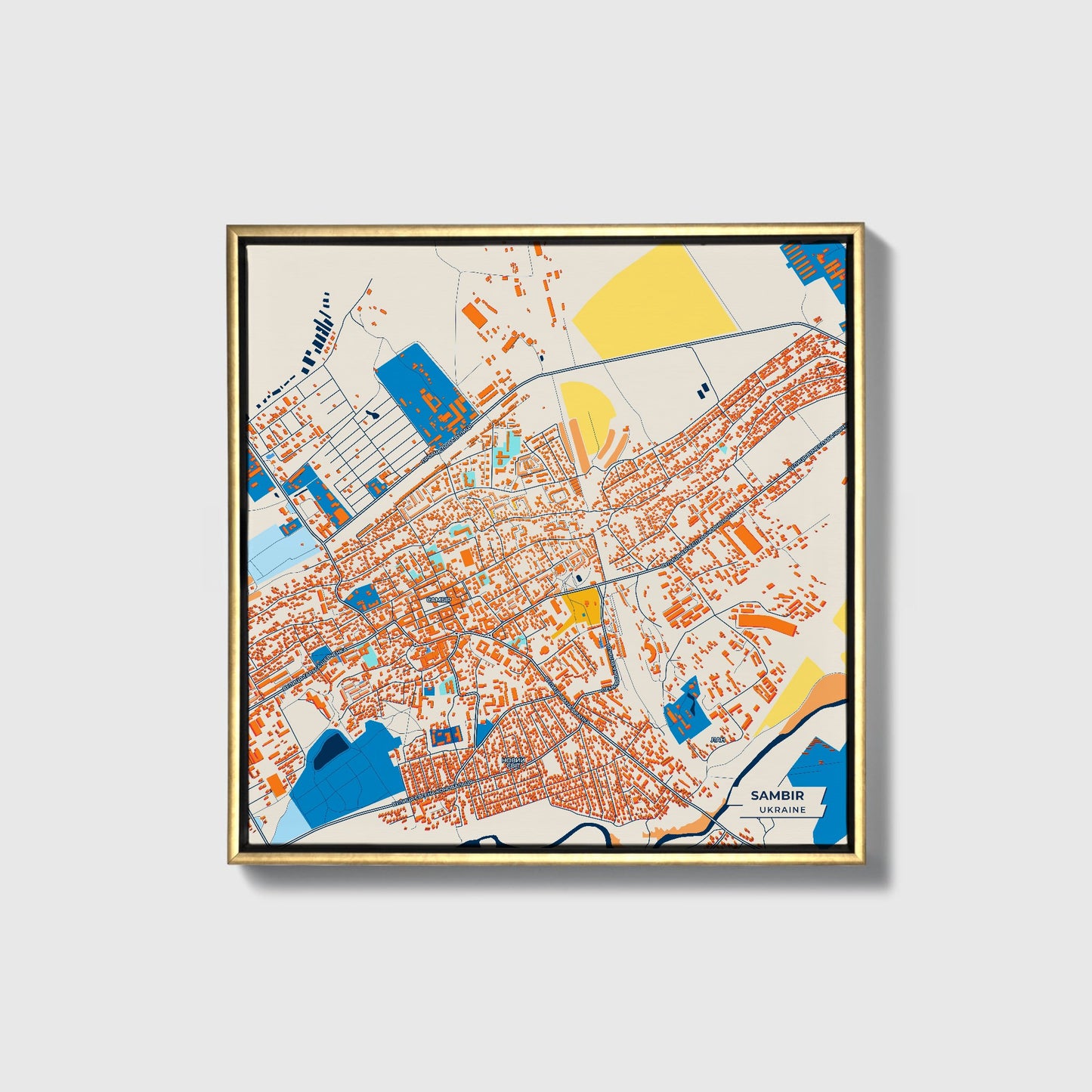 Самбір Ukraine Colorful City Map Canvas Print • Gold Framed