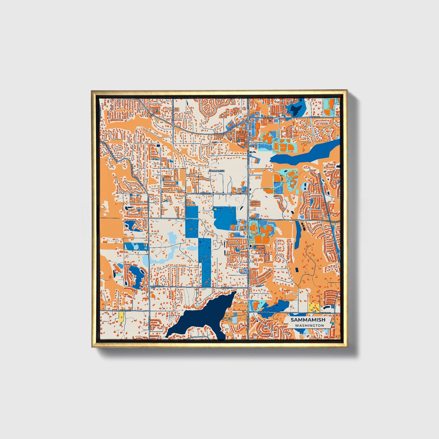 Sammamish Washington Colorful City Map Canvas Print • Gold Framed
