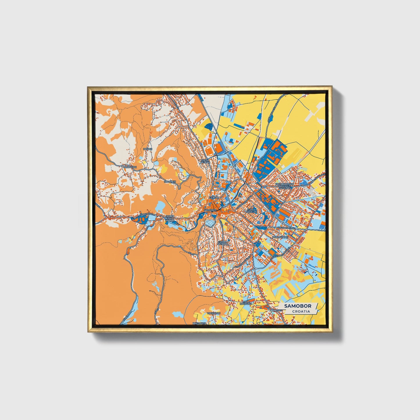 Samobor Croatia Colorful City Map Canvas Print • Gold Framed