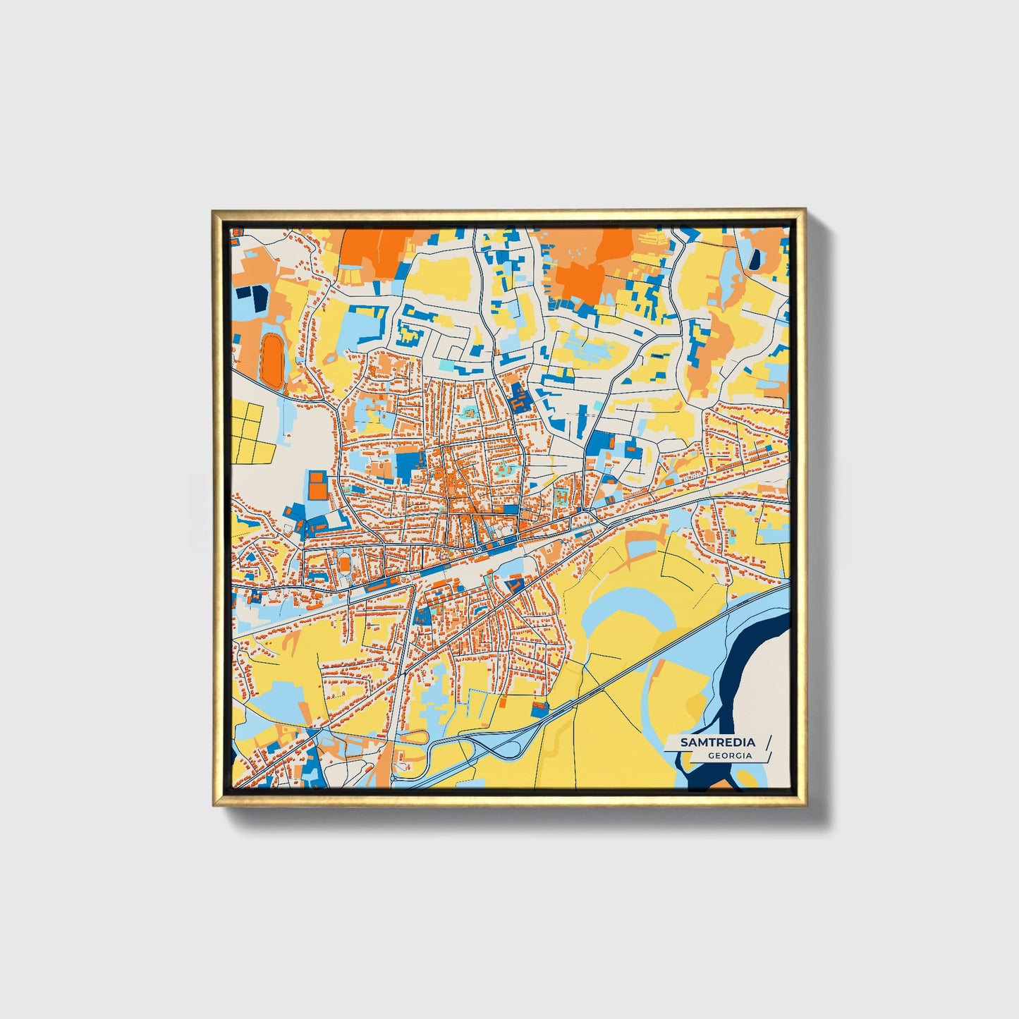 Samtredia Georgia Colorful City Map Canvas Print • Gold Framed