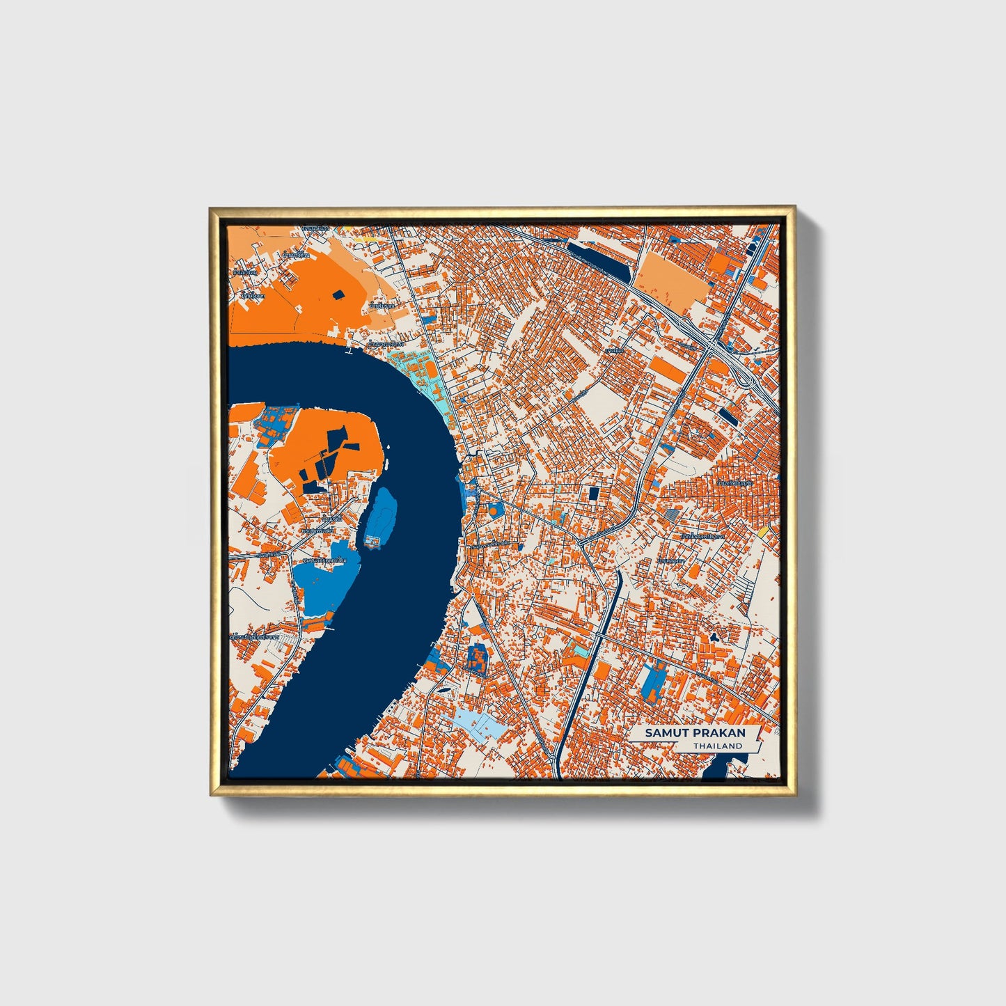 Samut Prakan Thailand Colorful City Map Canvas Print • Gold Framed