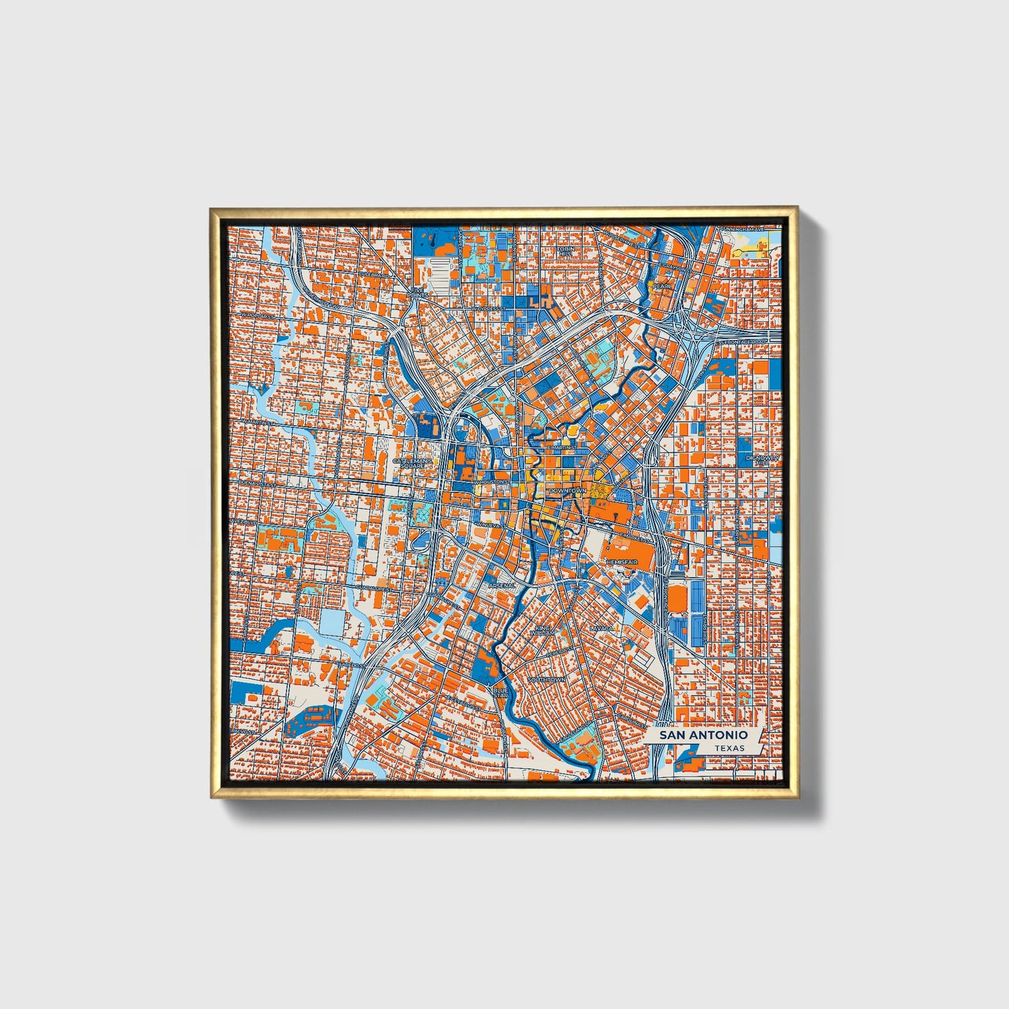 San Antonio Texas Colorful City Map Canvas Print • Gold Framed
