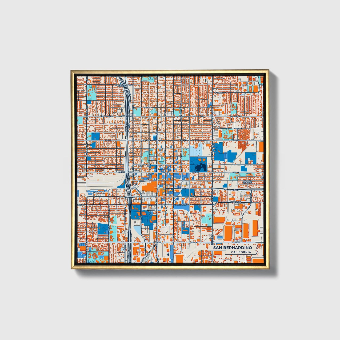 San Bernardino California Colorful City Map Canvas Print • Gold Framed