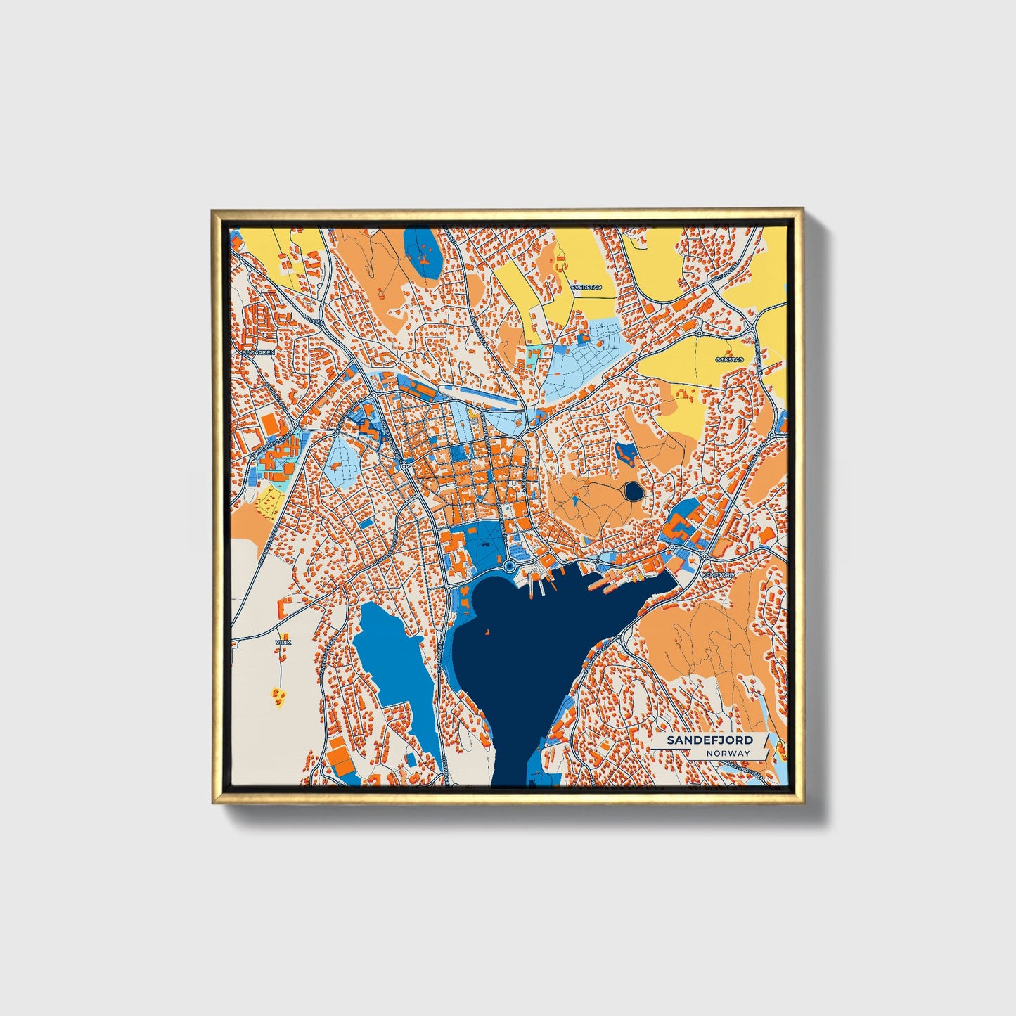 Sandefjord Norway Colorful City Map Canvas Print • Gold Framed