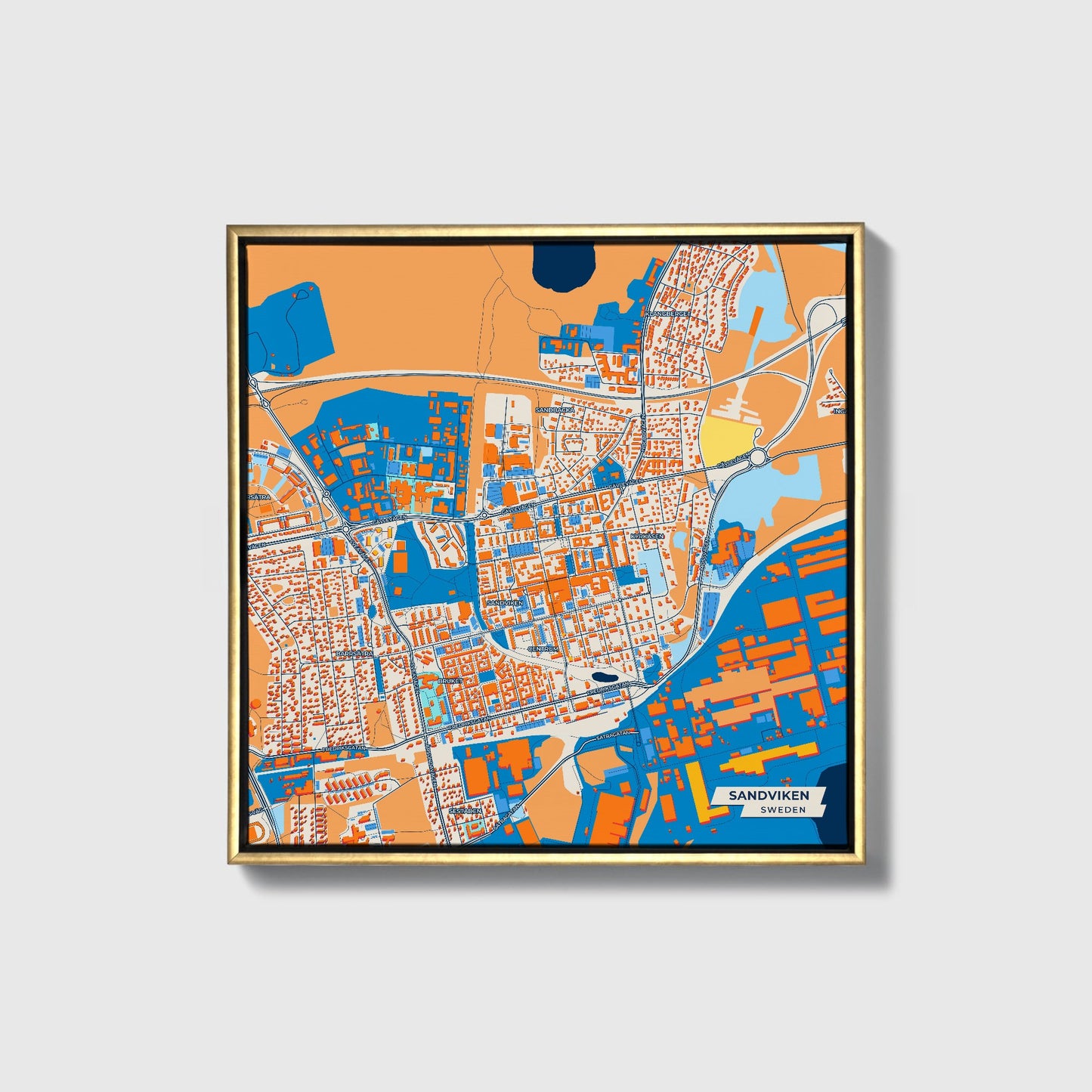 Sandviken Sweden Colorful City Map Canvas Print • Gold Framed