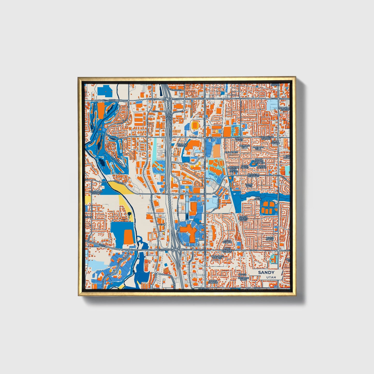 Sandy Utah Colorful City Map Canvas Print • Gold Framed