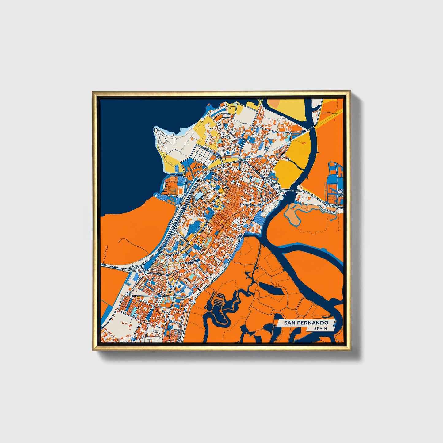San Fernando Spain Colorful City Map Canvas Print • Gold Framed