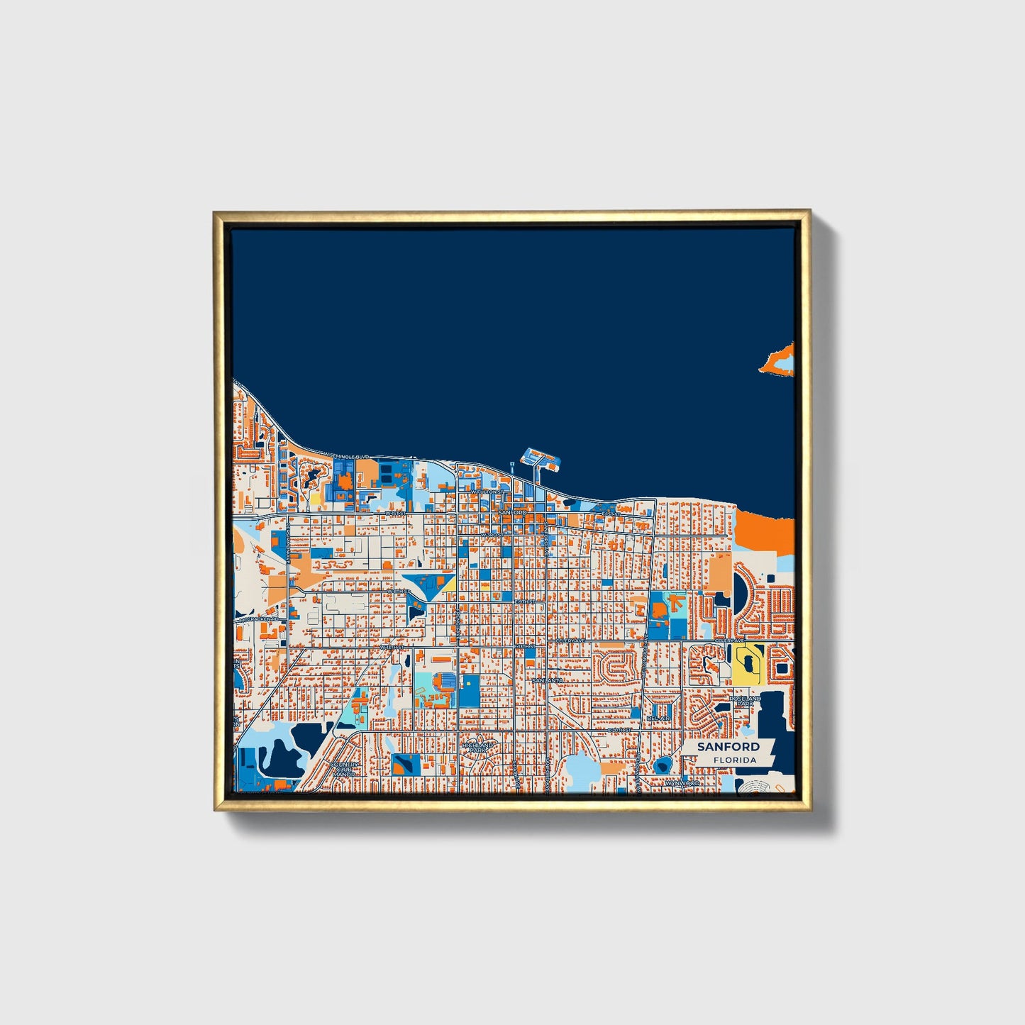 Sanford Florida Colorful City Map Canvas Print • Gold Framed