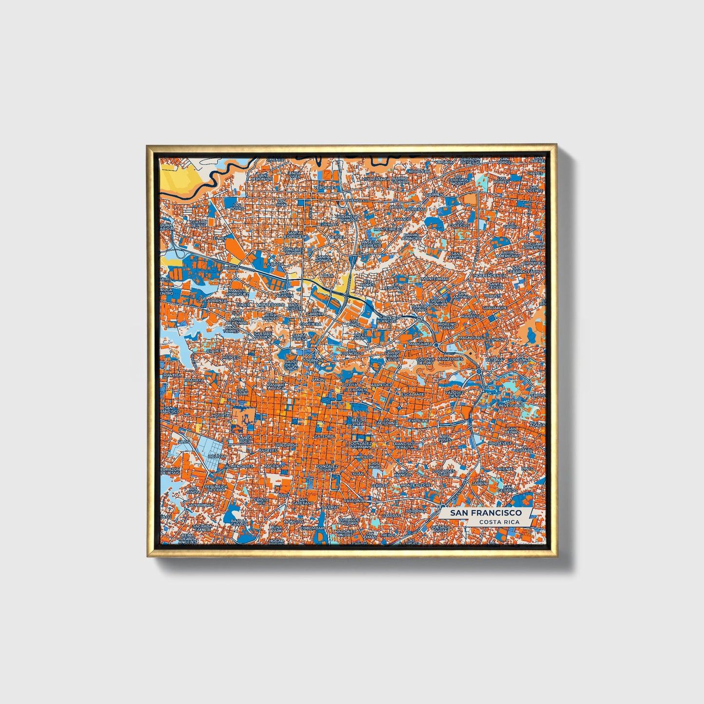 San Francisco Costa Rica Colorful City Map Canvas Print • Gold Framed