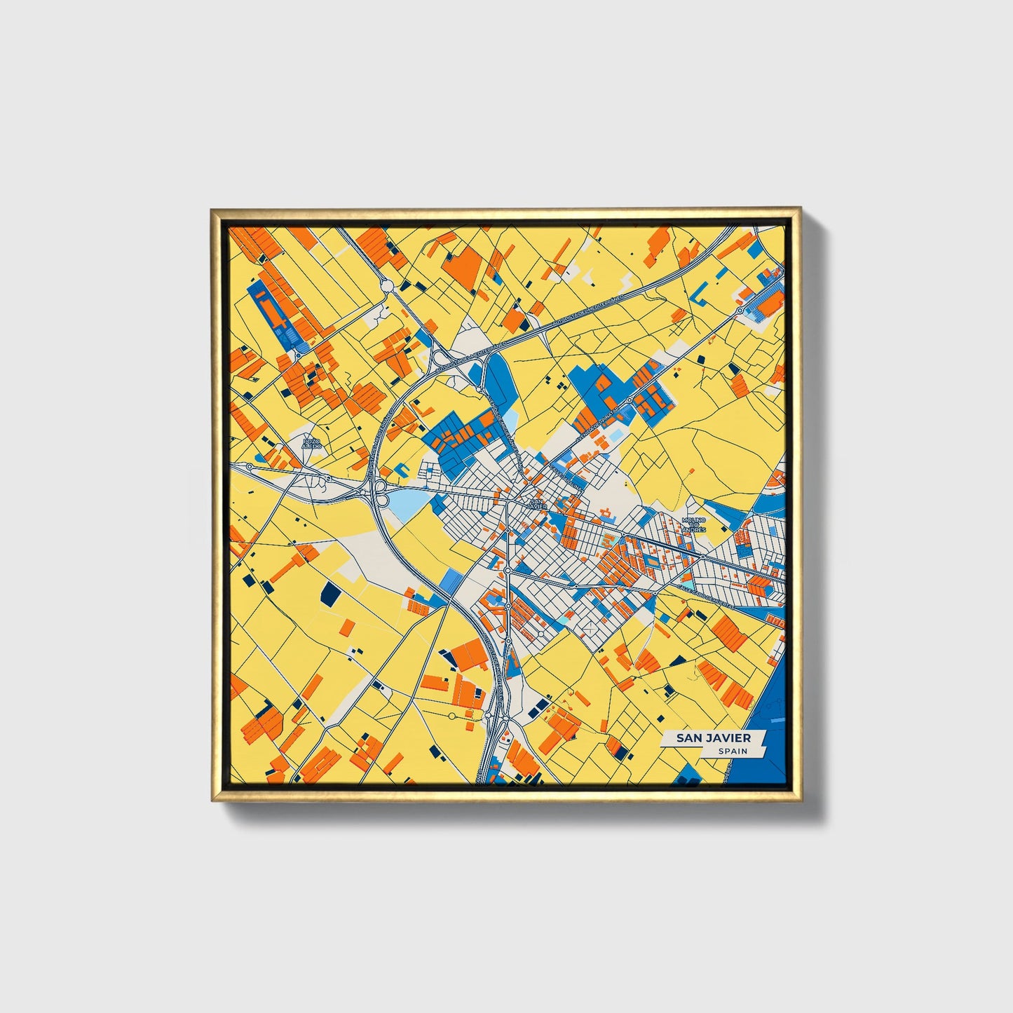 San Javier Spain Colorful City Map Canvas Print • Gold Framed